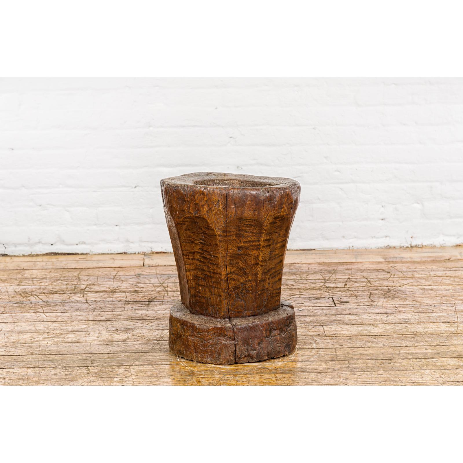 Teak Wood Rustic Mortar Urn Repurposed as an Antique Planter, 19th Century