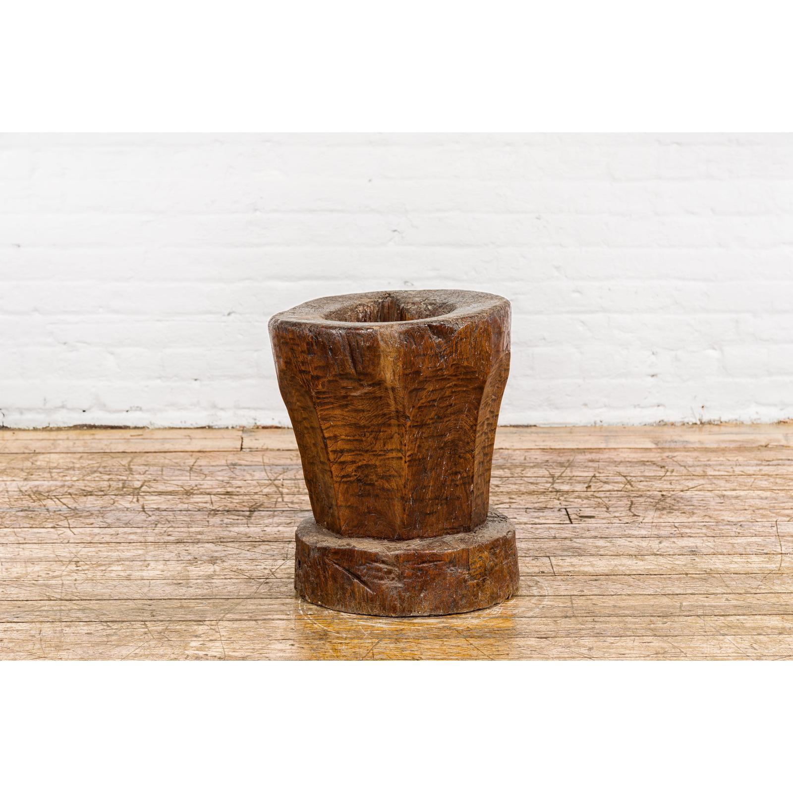 Teak Wood Rustic Mortar Urn Repurposed as an Antique Planter, 19th Century