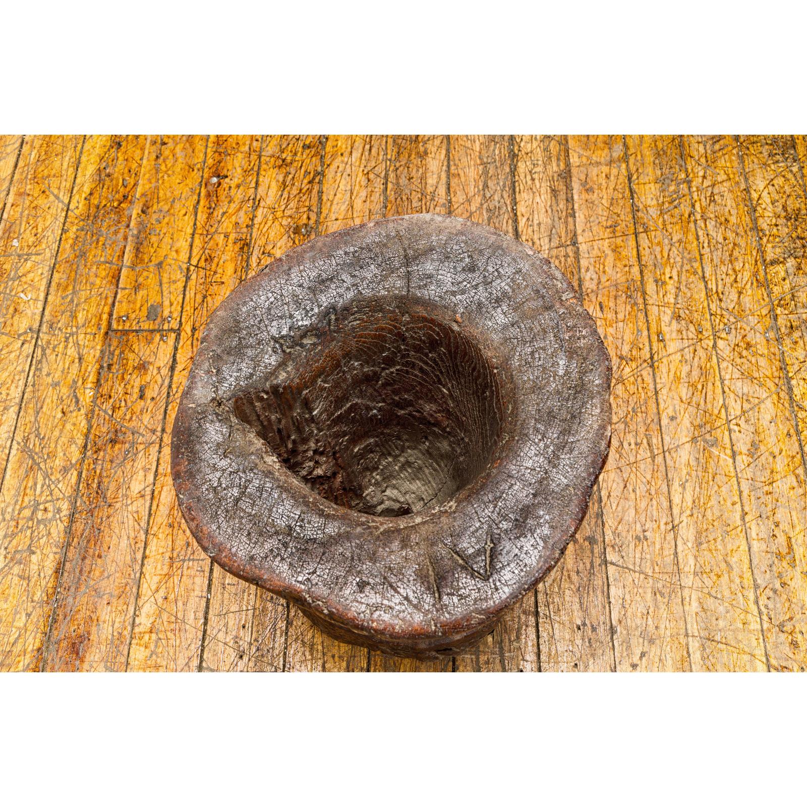 Teak Wood Rustic Mortar Urn Repurposed as an Antique Planter, 19th Century