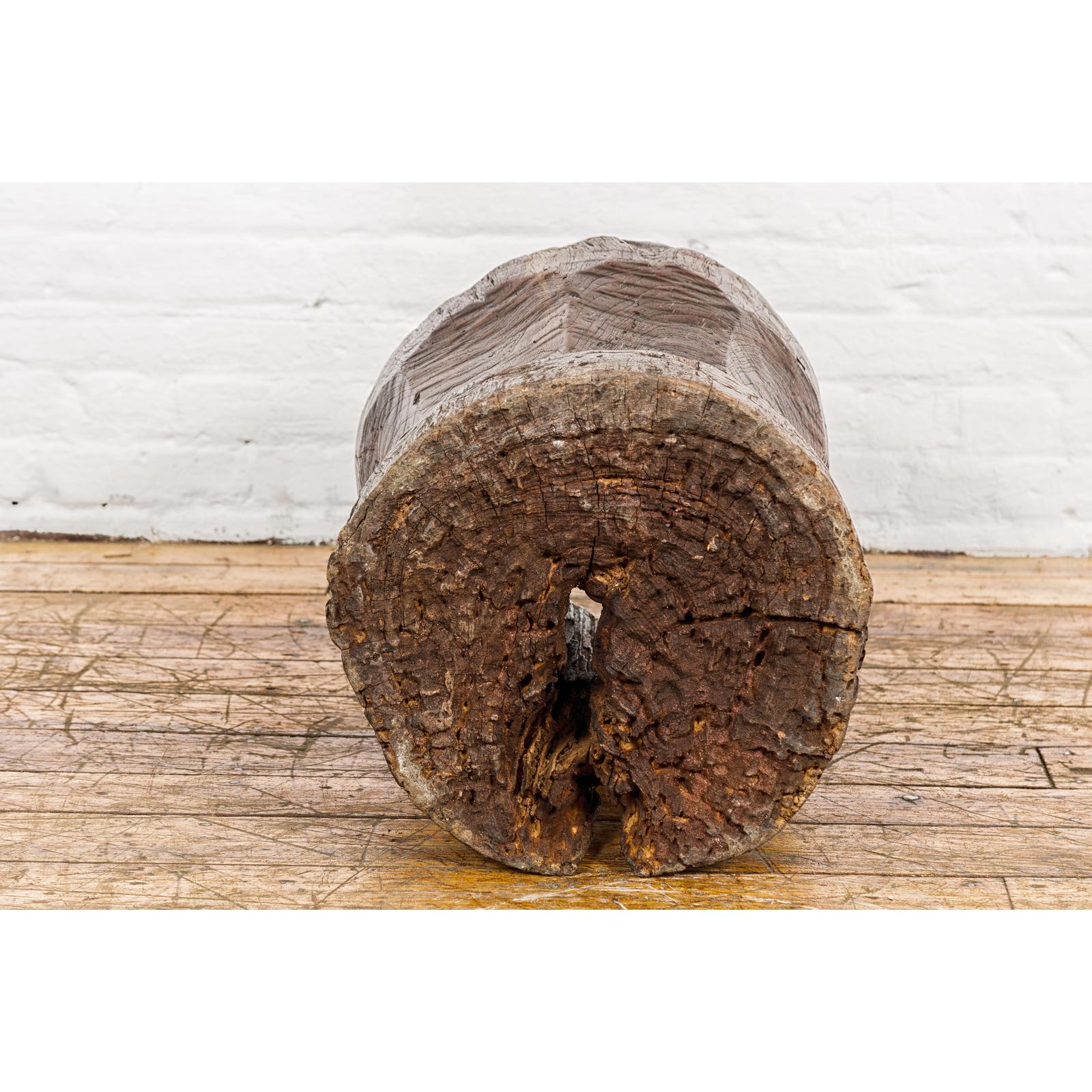 Teak Wood Rustic Mortar Urn Repurposed as an Antique Planter, 19th Century