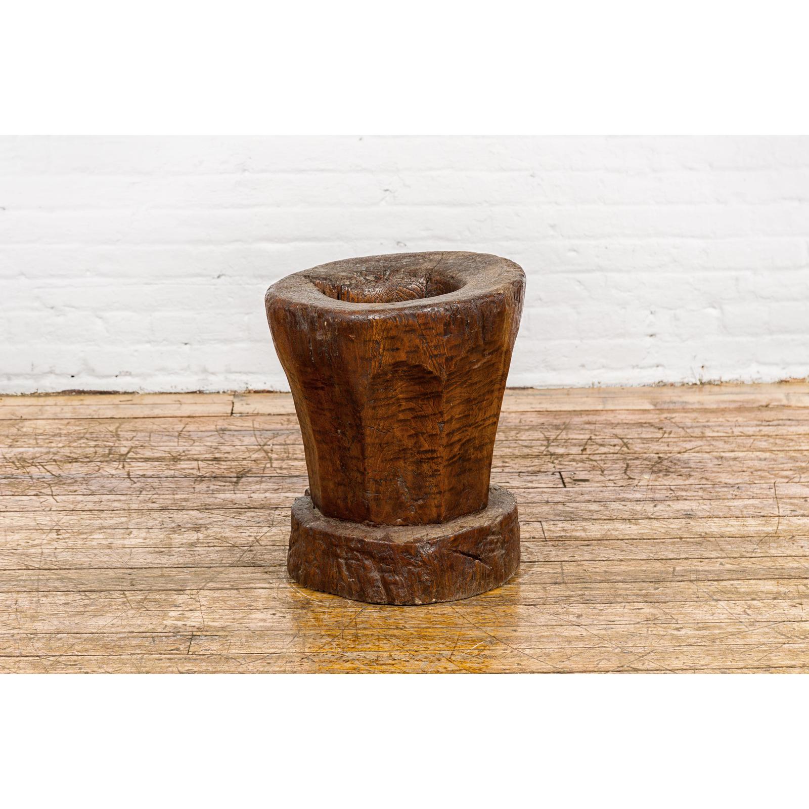 Teak Wood Rustic Mortar Urn Repurposed as an Antique Planter, 19th Century
