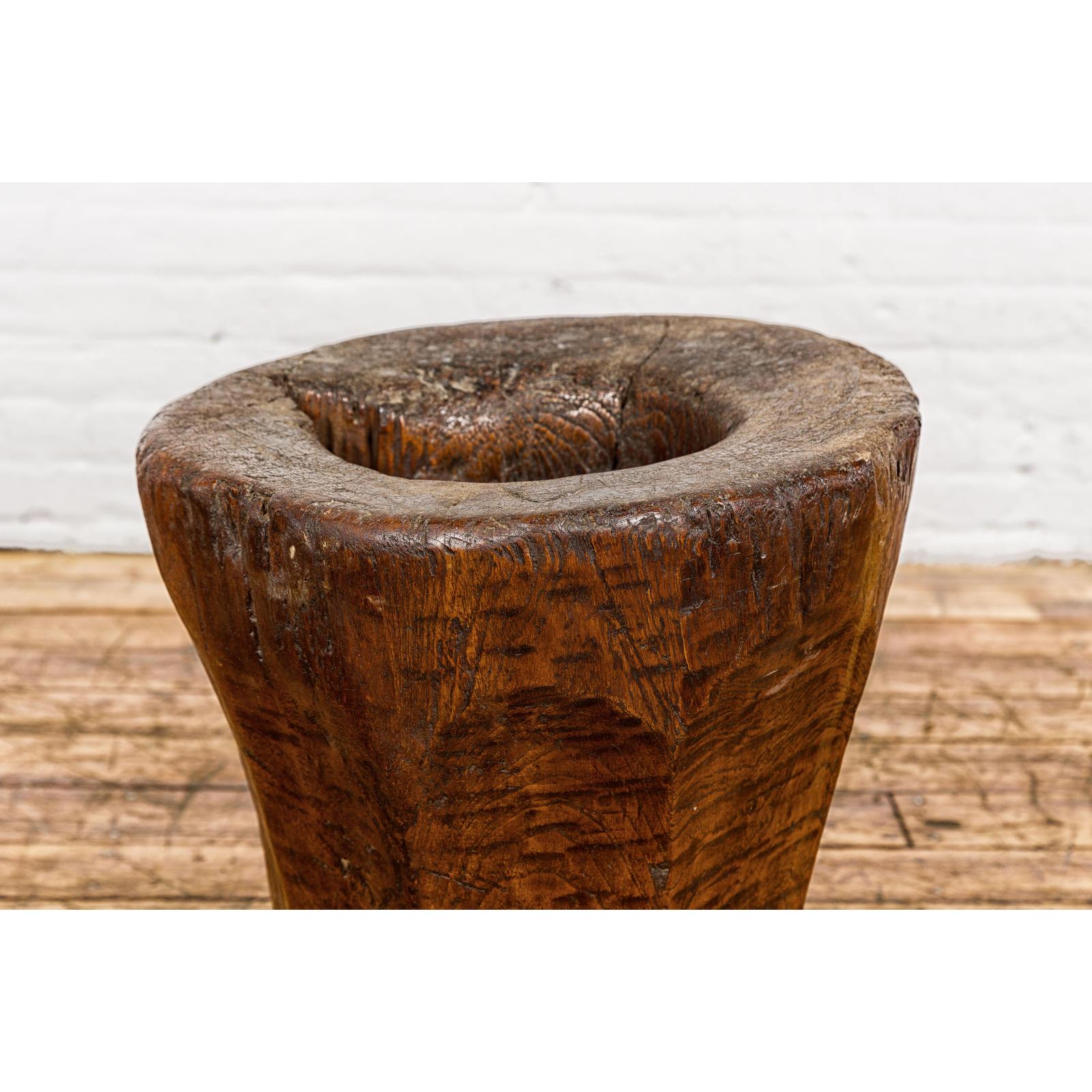 Teak Wood Rustic Mortar Urn Repurposed as an Antique Planter, 19th Century