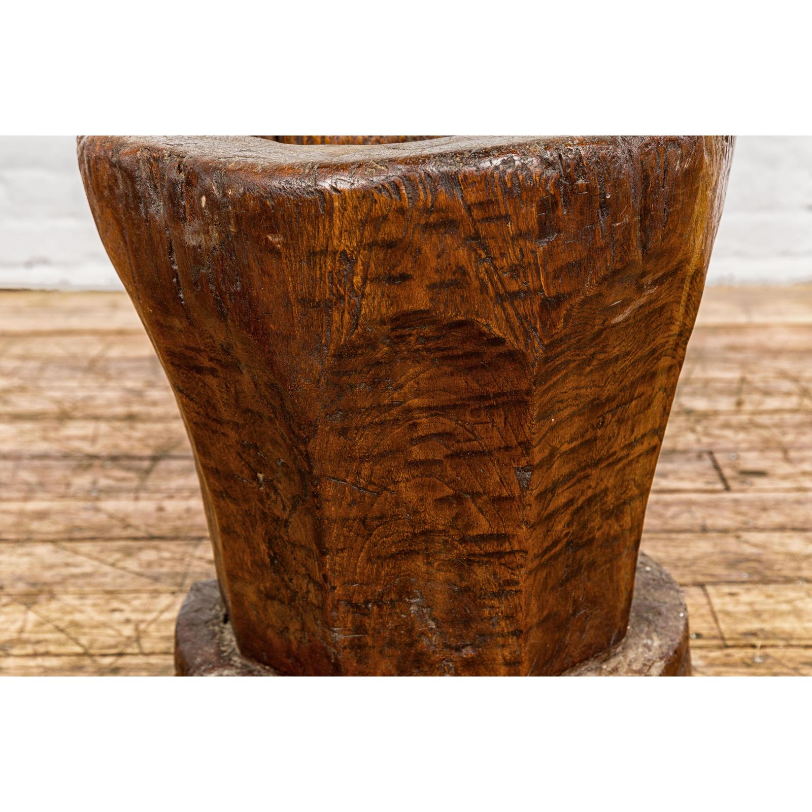 Teak Wood Rustic Mortar Urn Repurposed as an Antique Planter, 19th Century