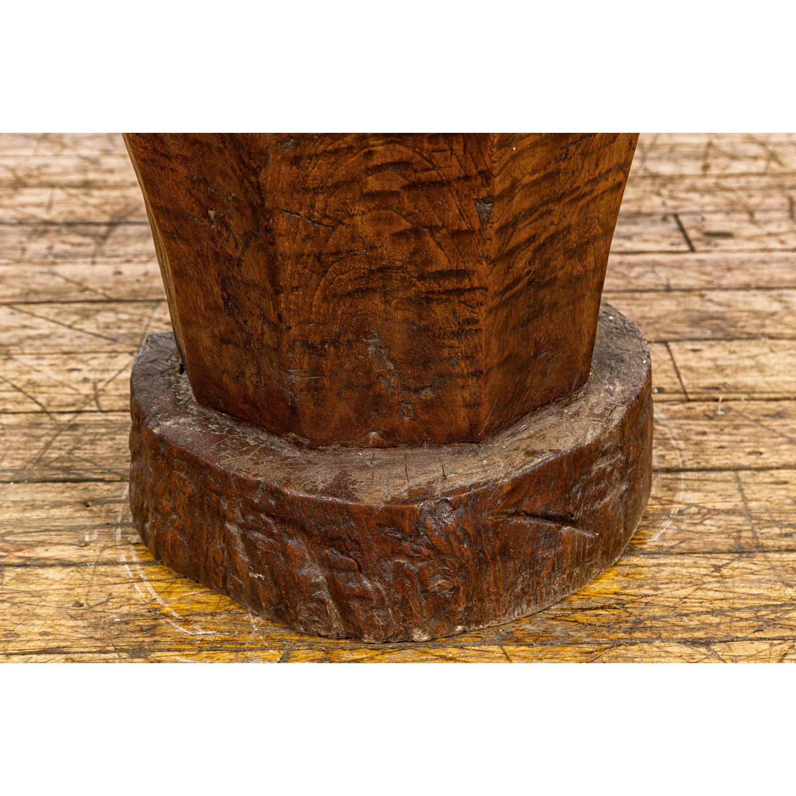 Teak Wood Rustic Mortar Urn Repurposed as an Antique Planter, 19th Century