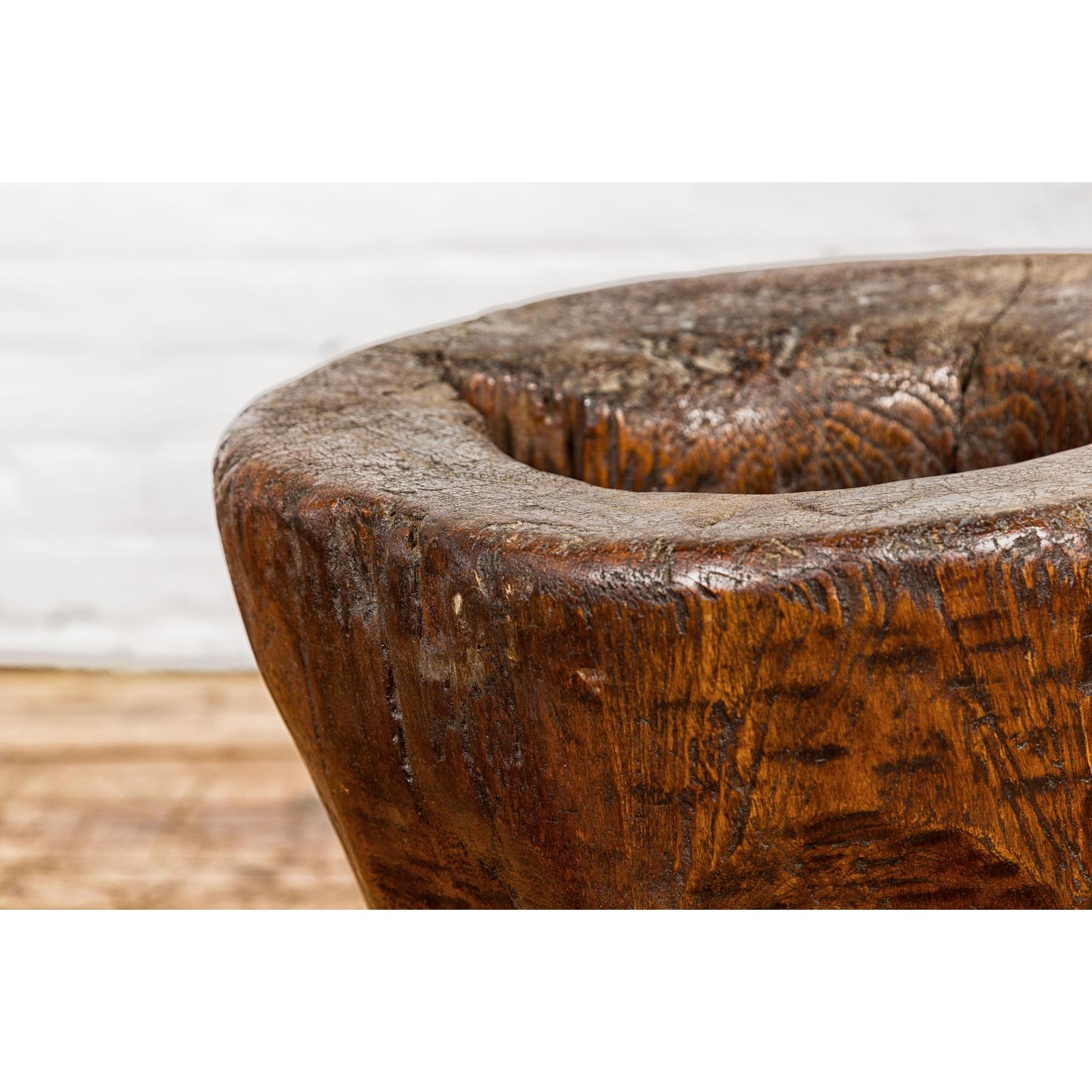 Teak Wood Rustic Mortar Urn Repurposed as an Antique Planter, 19th Century
