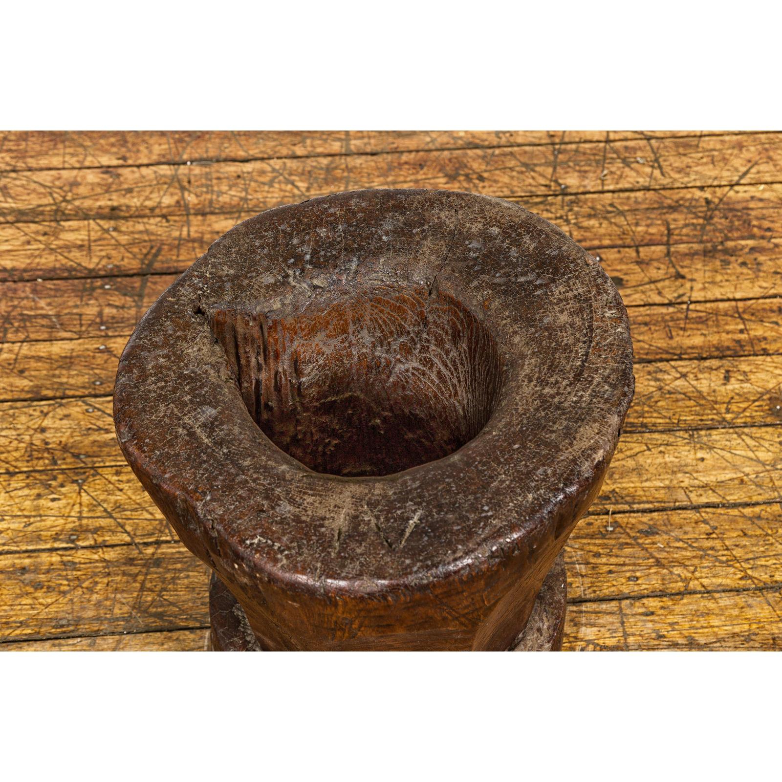 Teak Wood Rustic Mortar Urn Repurposed as an Antique Planter, 19th Century