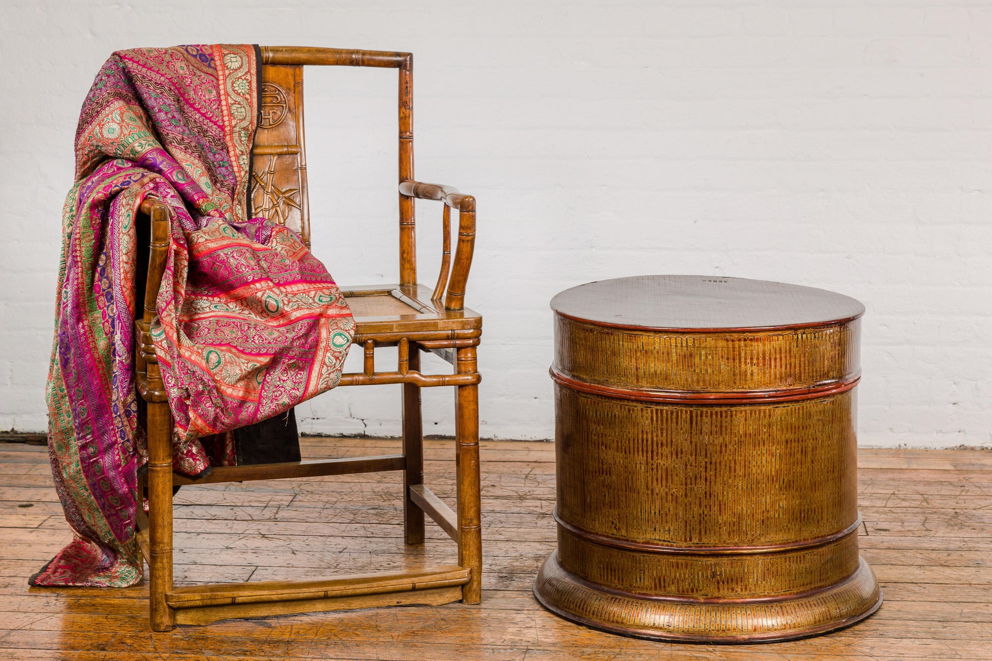 Burmese Vintage Negora Lacquer Circular Storage Bin with Vertical Stripes-19. Asian & Chinese Furniture, Art, Antiques, Vintage Home Décor for sale at FEA Home