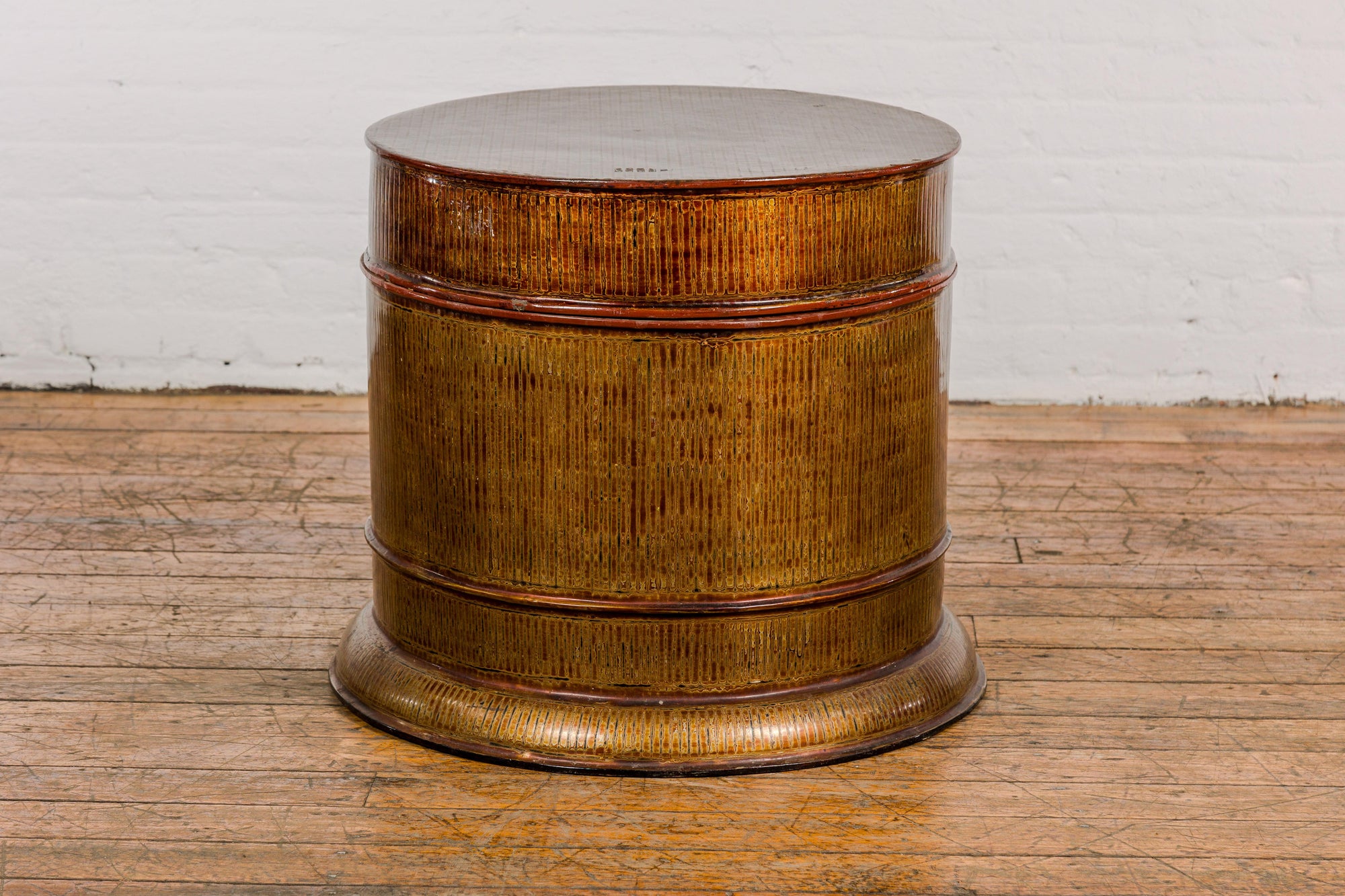 Burmese Vintage Negora Lacquer Circular Storage Bin with Vertical Stripes-29. Asian & Chinese Furniture, Art, Antiques, Vintage Home Décor for sale at FEA Home