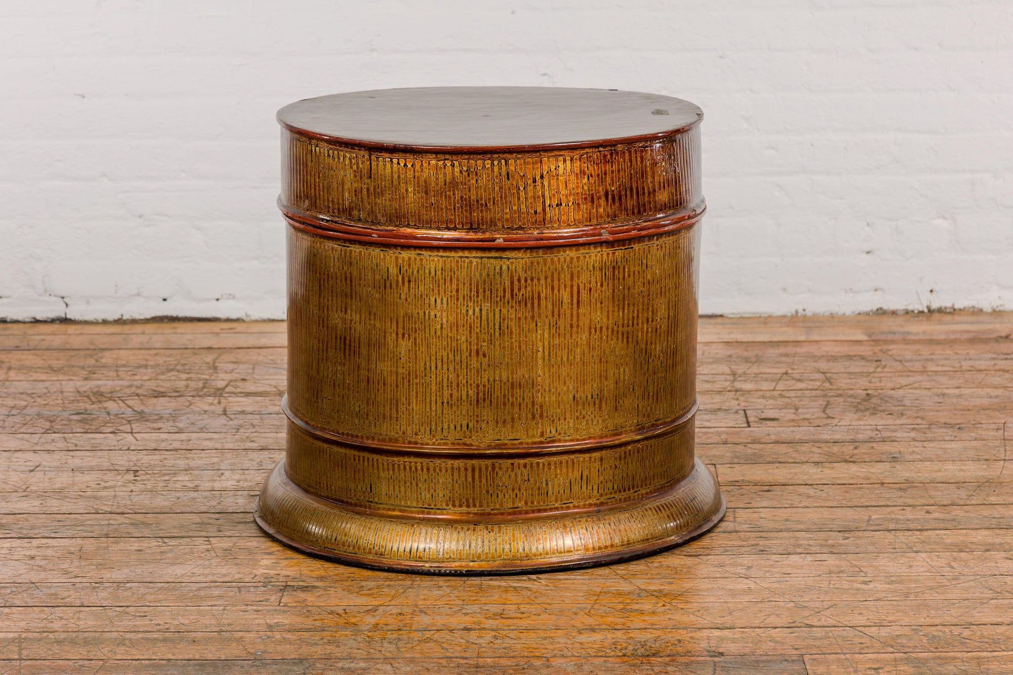 Burmese Vintage Negora Lacquer Circular Storage Bin with Vertical Stripes-30. Asian & Chinese Furniture, Art, Antiques, Vintage Home Décor for sale at FEA Home