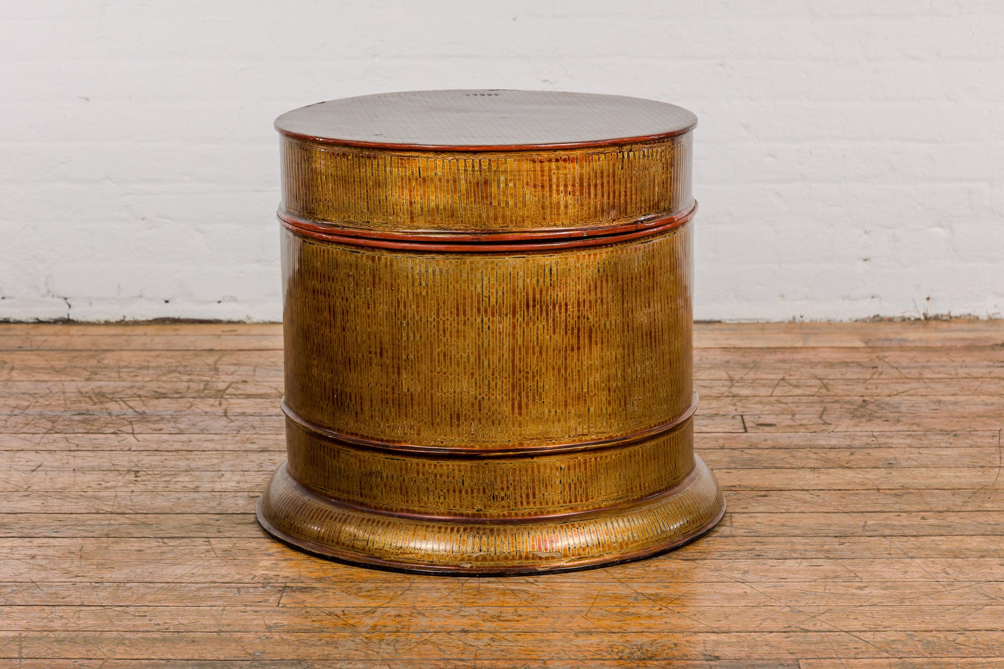 Burmese Vintage Negora Lacquer Circular Storage Bin with Vertical Stripes-31. Asian & Chinese Furniture, Art, Antiques, Vintage Home Décor for sale at FEA Home