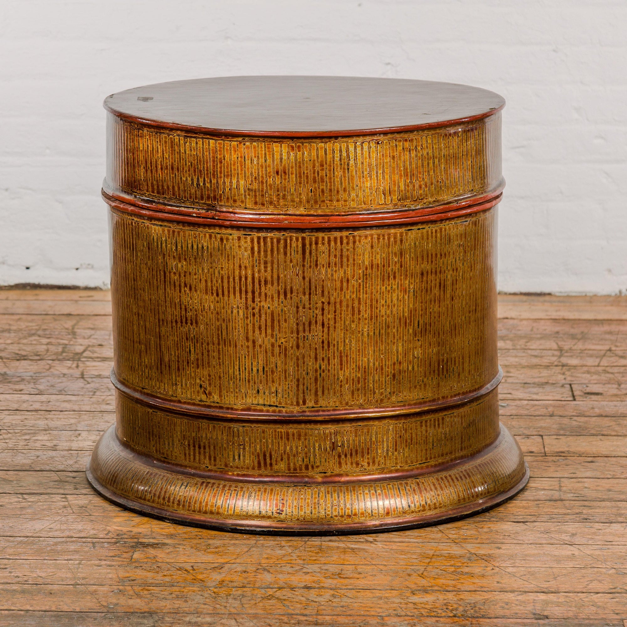 Burmese Vintage Negora Lacquer Circular Storage Bin with Vertical Stripes-32. Asian & Chinese Furniture, Art, Antiques, Vintage Home Décor for sale at FEA Home