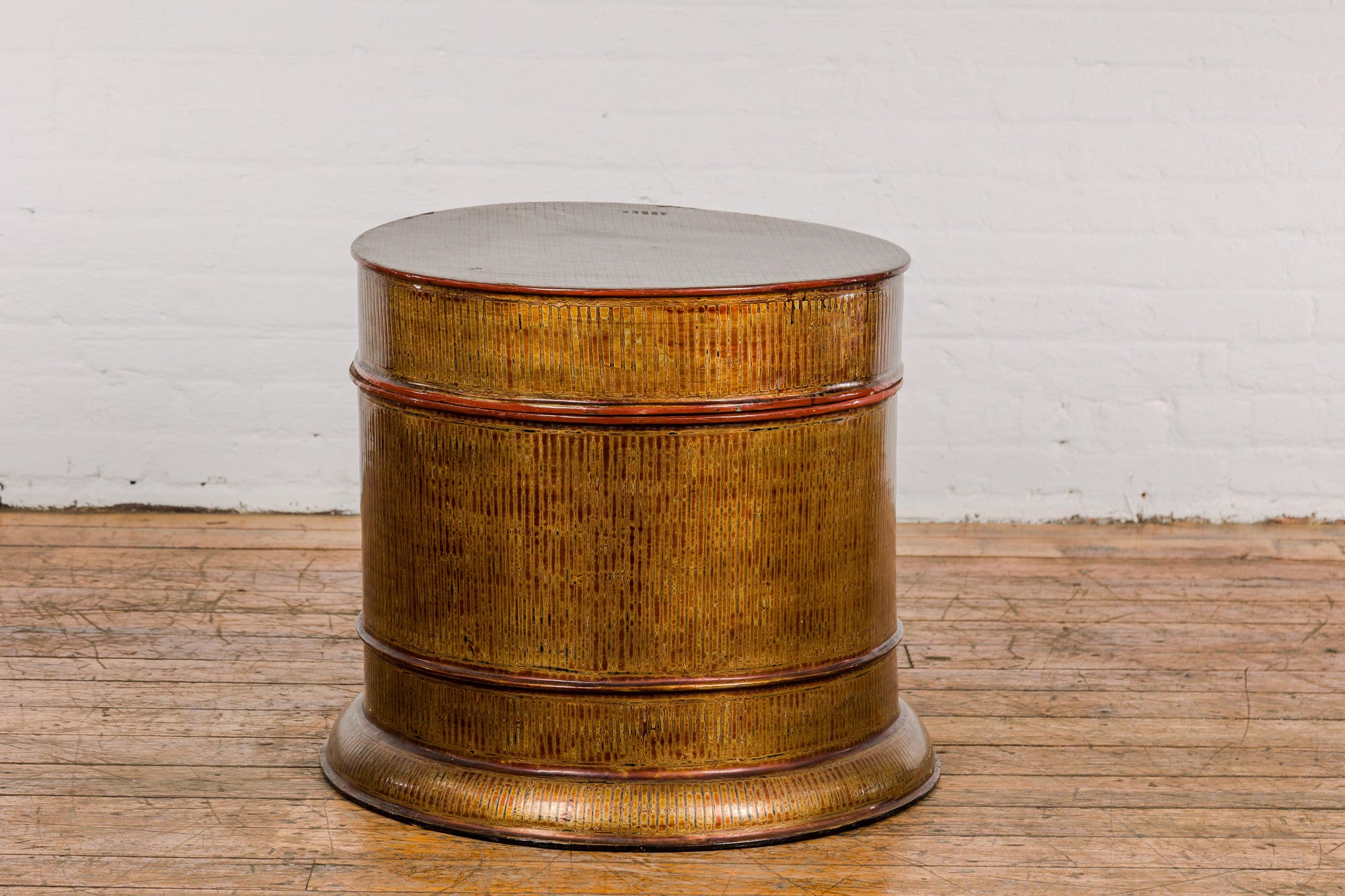 Burmese Vintage Negora Lacquer Circular Storage Bin with Vertical Stripes-20. Asian & Chinese Furniture, Art, Antiques, Vintage Home Décor for sale at FEA Home