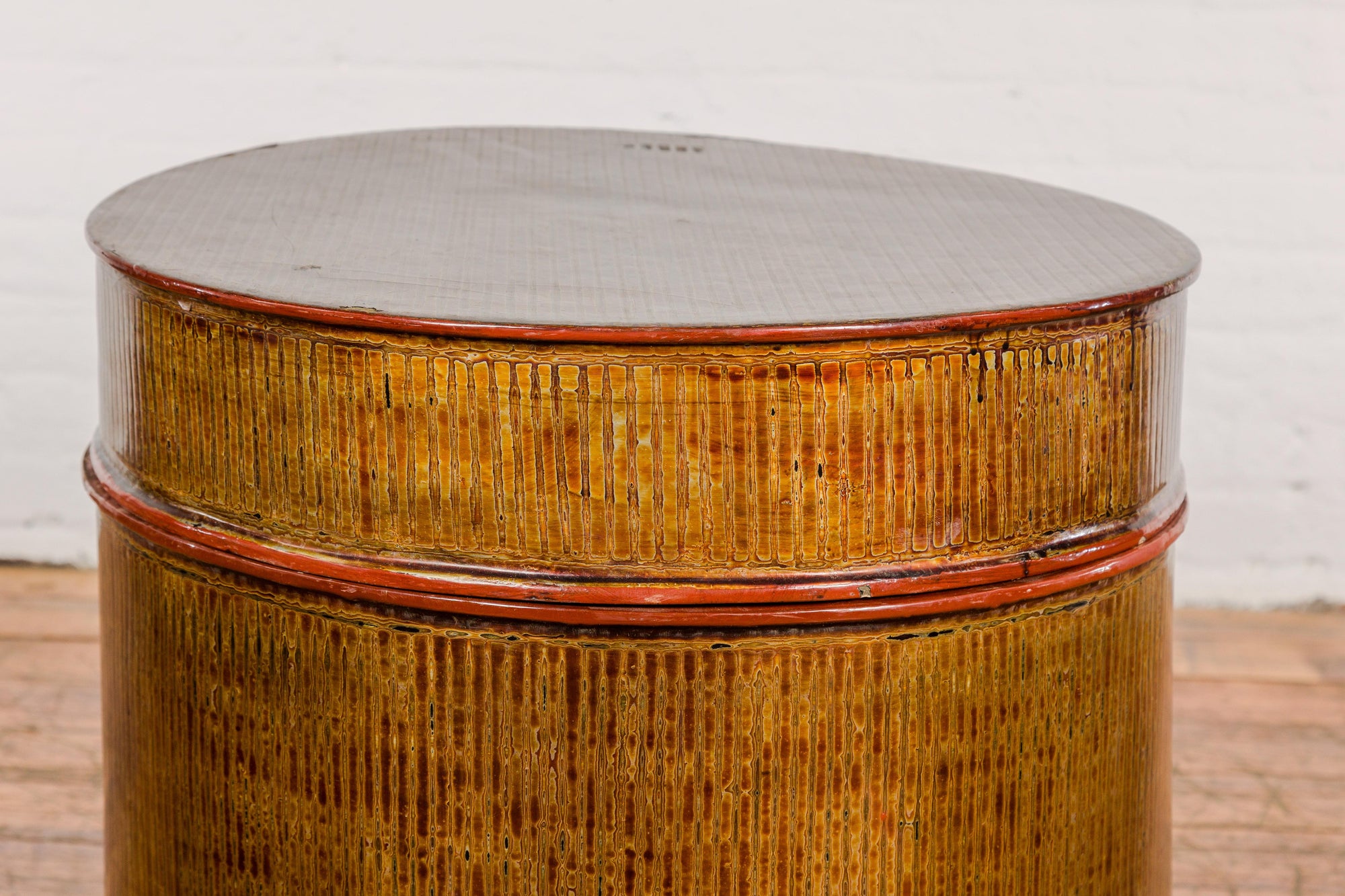 Burmese Vintage Negora Lacquer Circular Storage Bin with Vertical Stripes-21. Asian & Chinese Furniture, Art, Antiques, Vintage Home Décor for sale at FEA Home