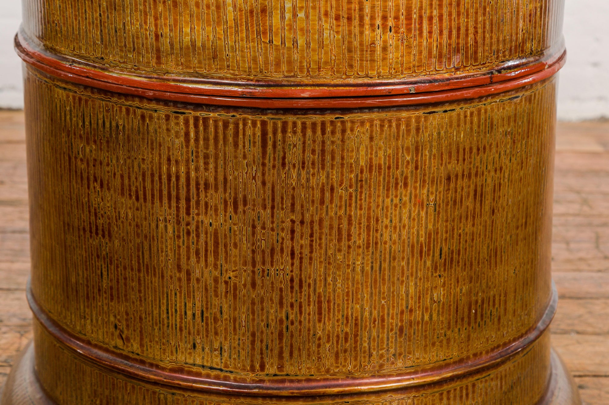 Burmese Vintage Negora Lacquer Circular Storage Bin with Vertical Stripes-22. Asian & Chinese Furniture, Art, Antiques, Vintage Home Décor for sale at FEA Home