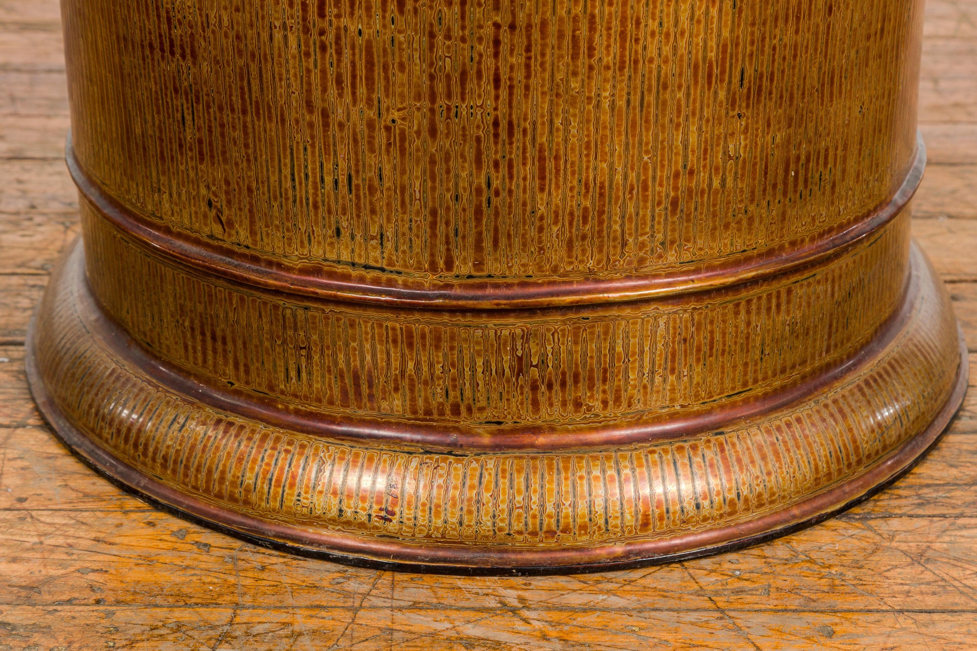 Burmese Vintage Negora Lacquer Circular Storage Bin with Vertical Stripes-23. Asian & Chinese Furniture, Art, Antiques, Vintage Home Décor for sale at FEA Home