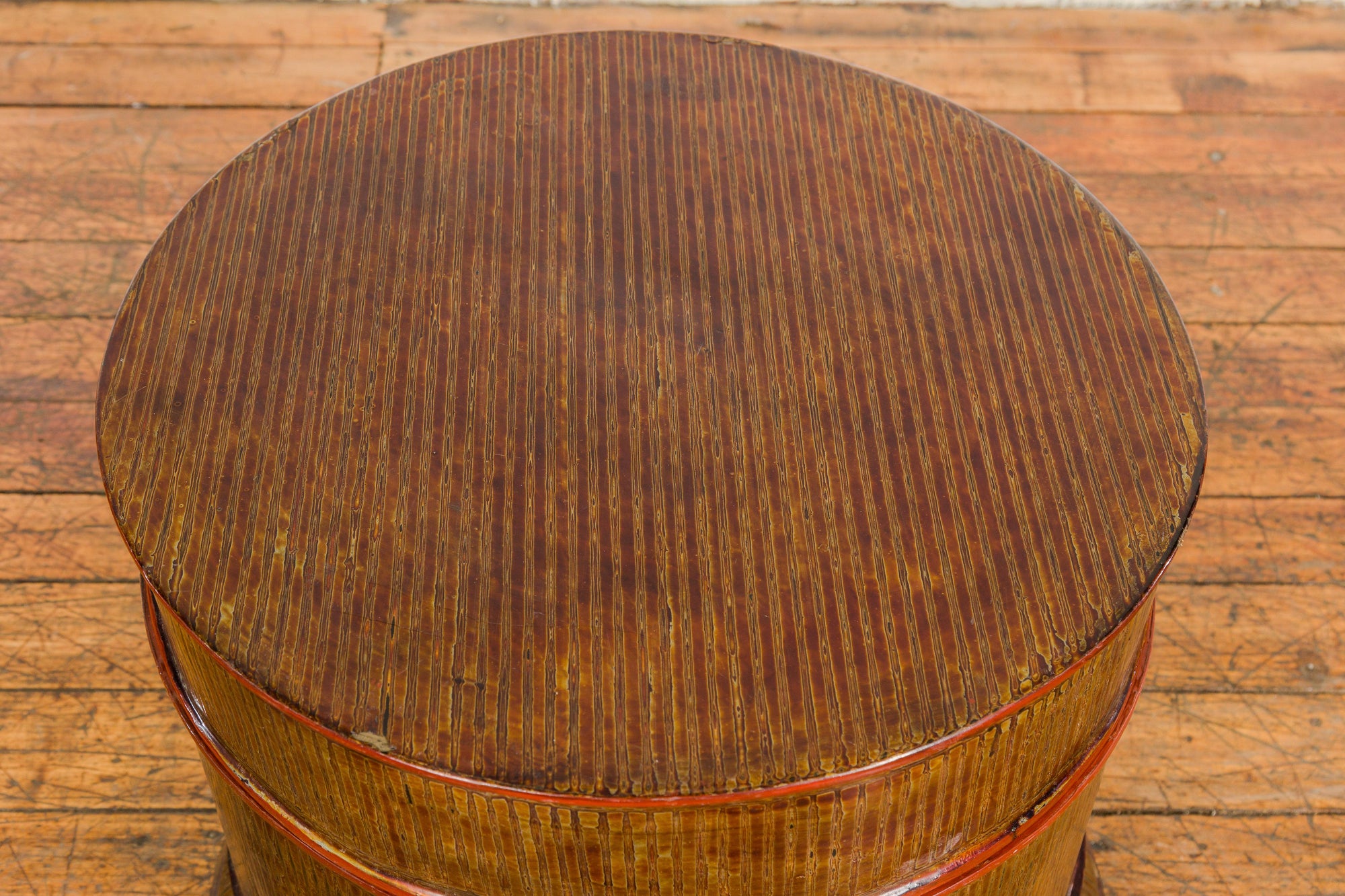 Burmese Vintage Negora Lacquer Circular Storage Bin with Vertical Stripes-25. Asian & Chinese Furniture, Art, Antiques, Vintage Home Décor for sale at FEA Home