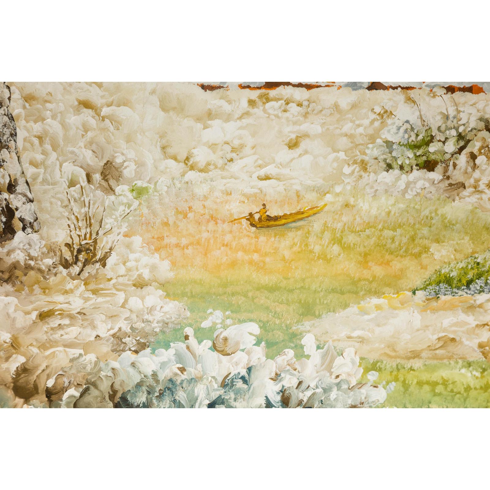 Antique Japanese Hand-Painted Village Landscape Scene on Paper in Custom Frame