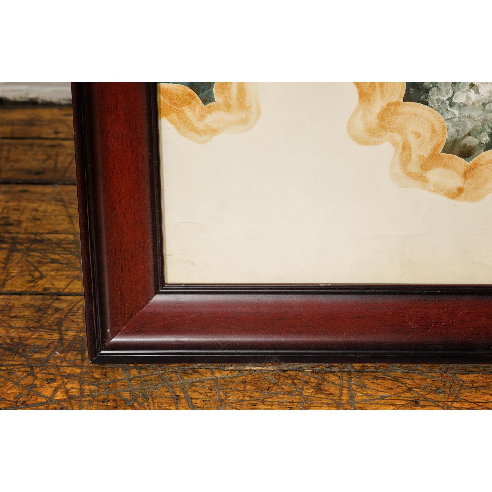 Antique Japanese Hand-Painted Village Landscape Scene on Paper in Custom Frame