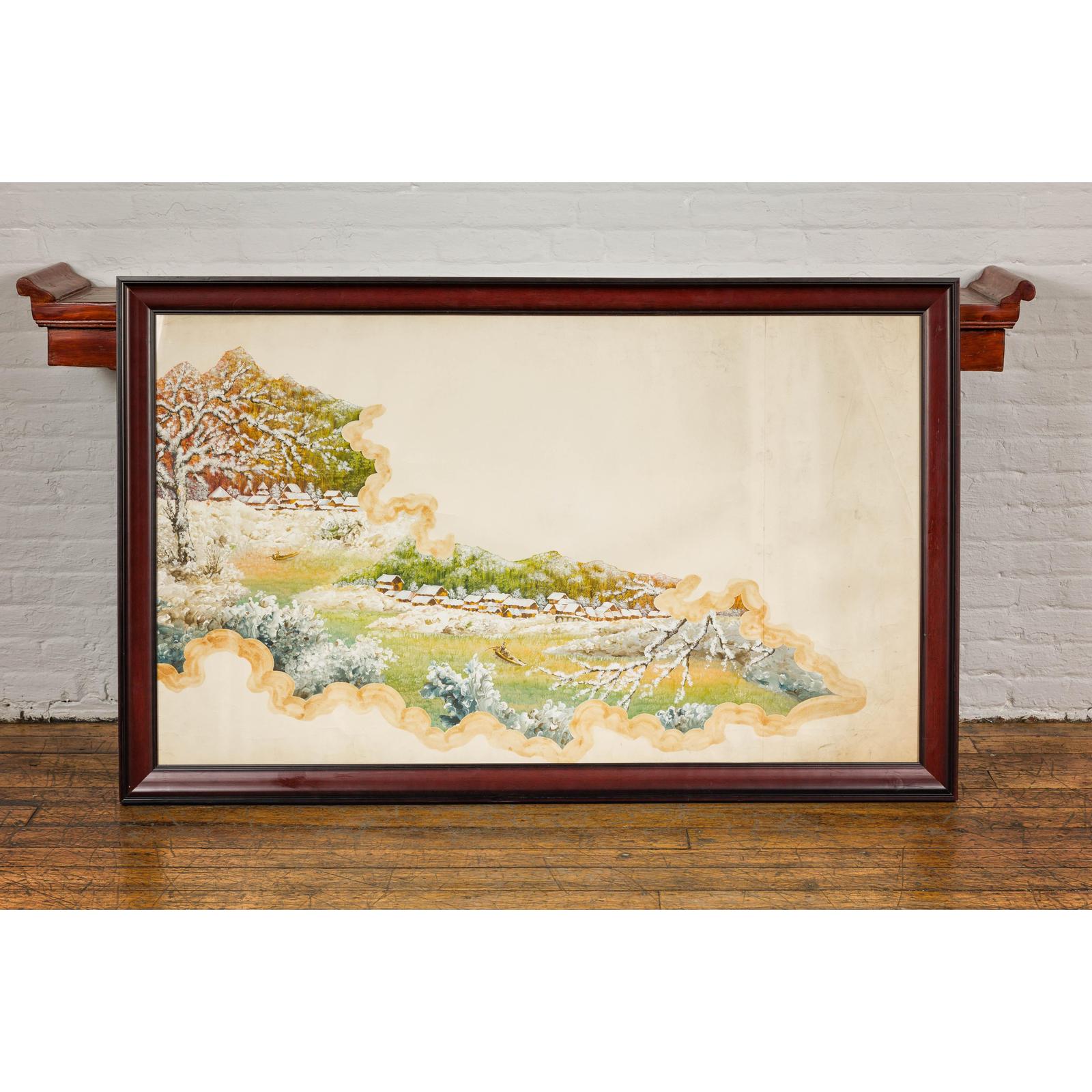 Antique Japanese Hand-Painted Village Landscape Scene on Paper in Custom Frame