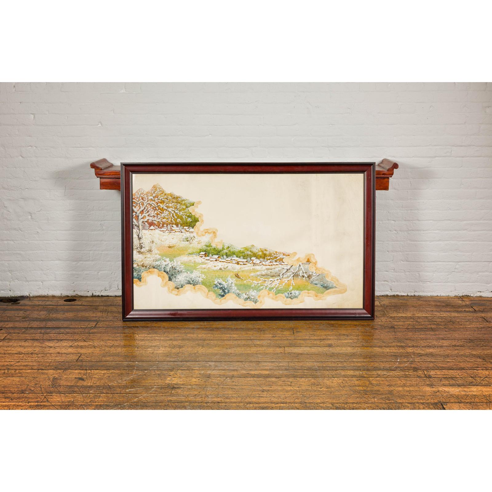 Antique Japanese Hand-Painted Village Landscape Scene on Paper in Custom Frame