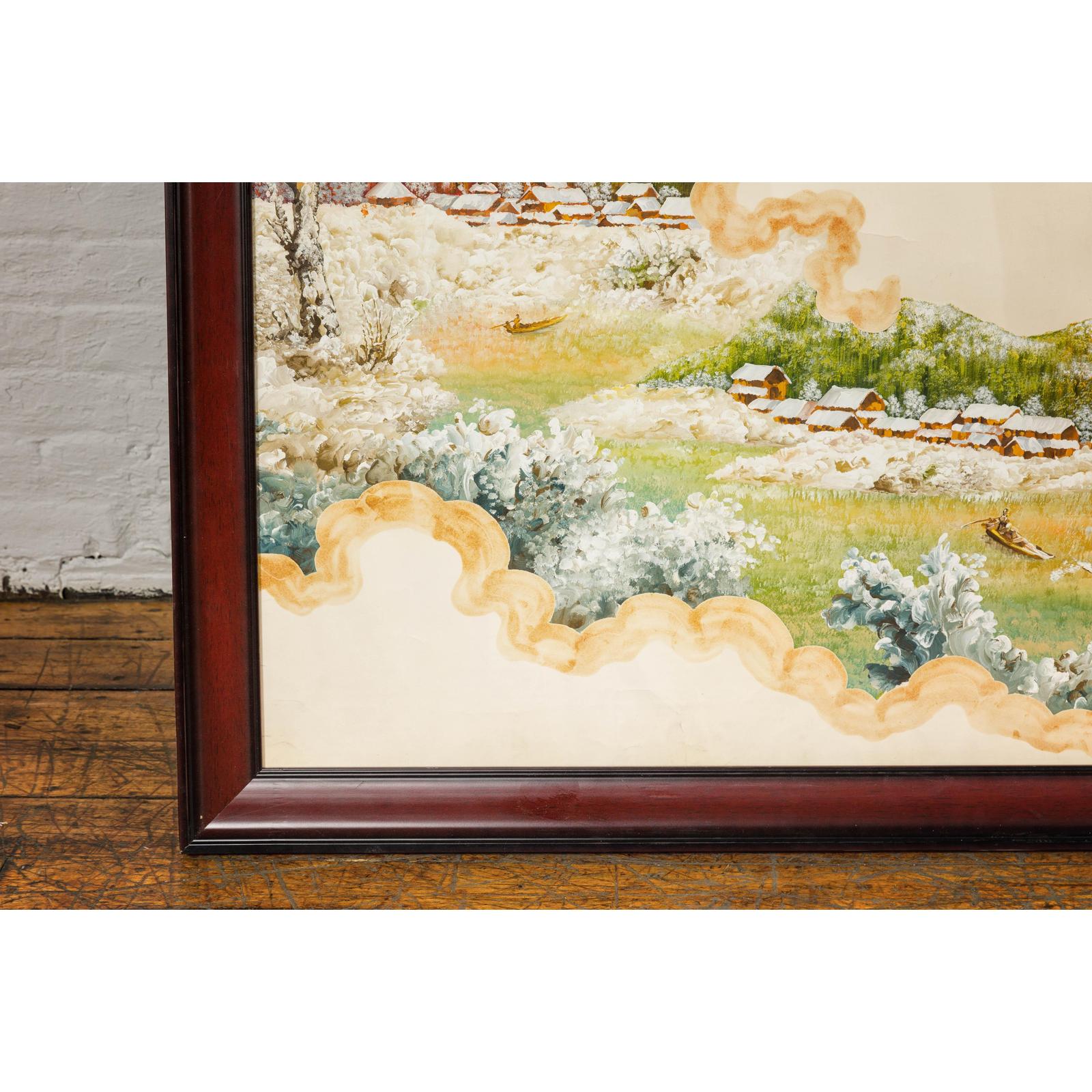 Antique Japanese Hand-Painted Village Landscape Scene on Paper in Custom Frame
