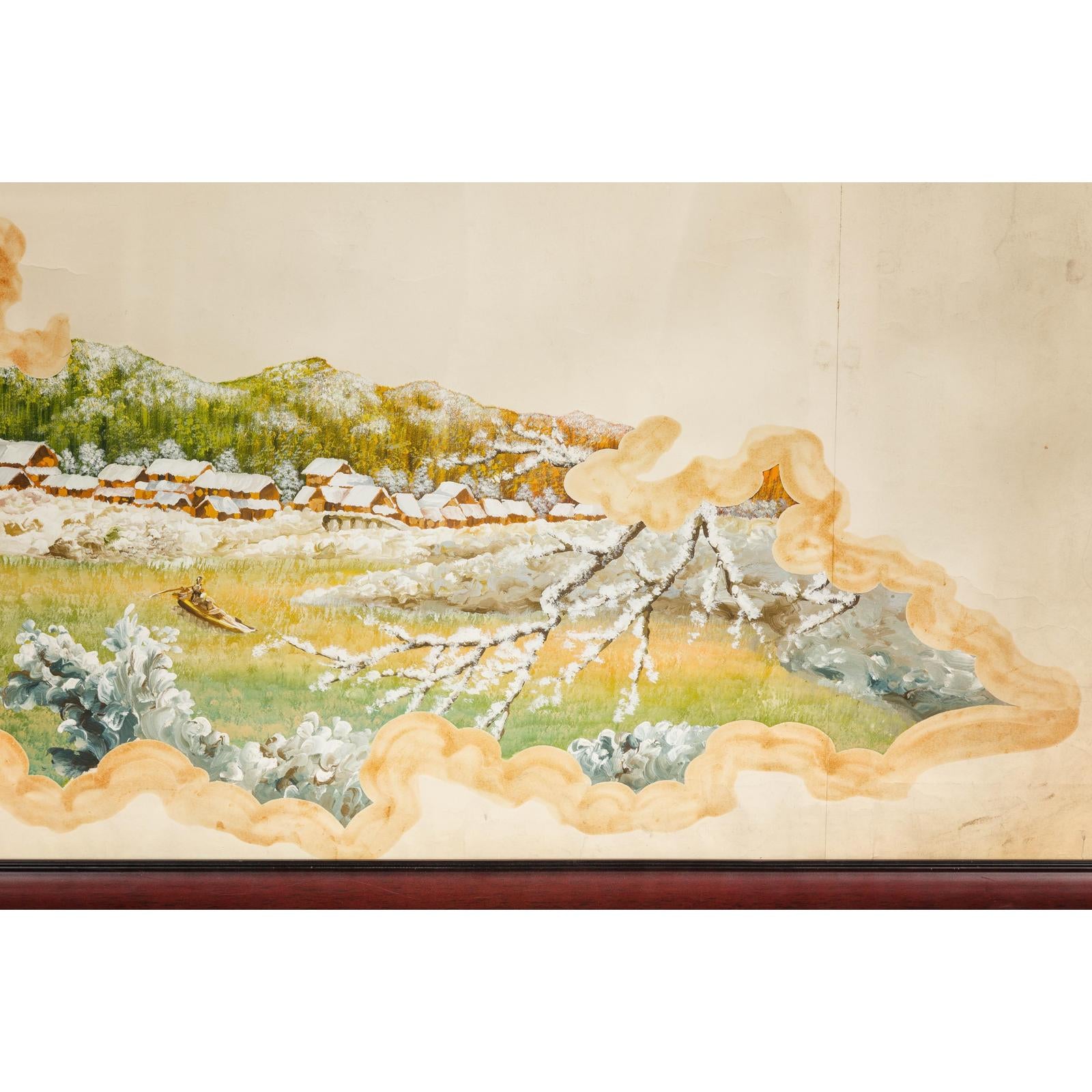 Antique Japanese Hand-Painted Village Landscape Scene on Paper in Custom Frame