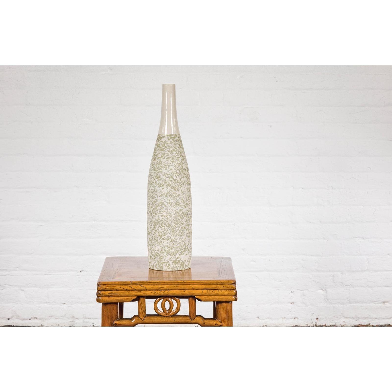 Soft Green and Cream Artisan Ceramic Vase with Energetic Dripping Décor