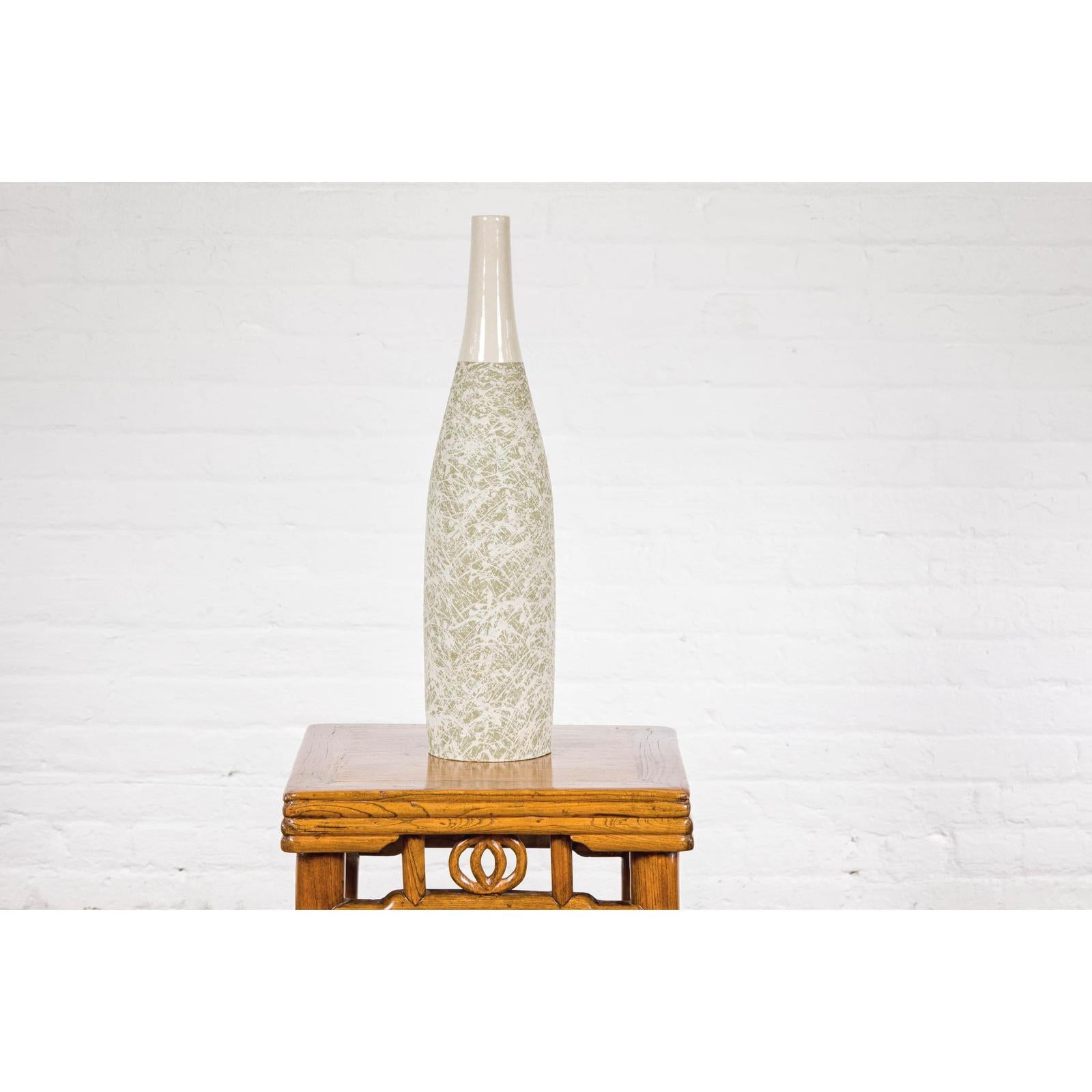 Soft Green and Cream Artisan Ceramic Vase with Energetic Dripping Décor
