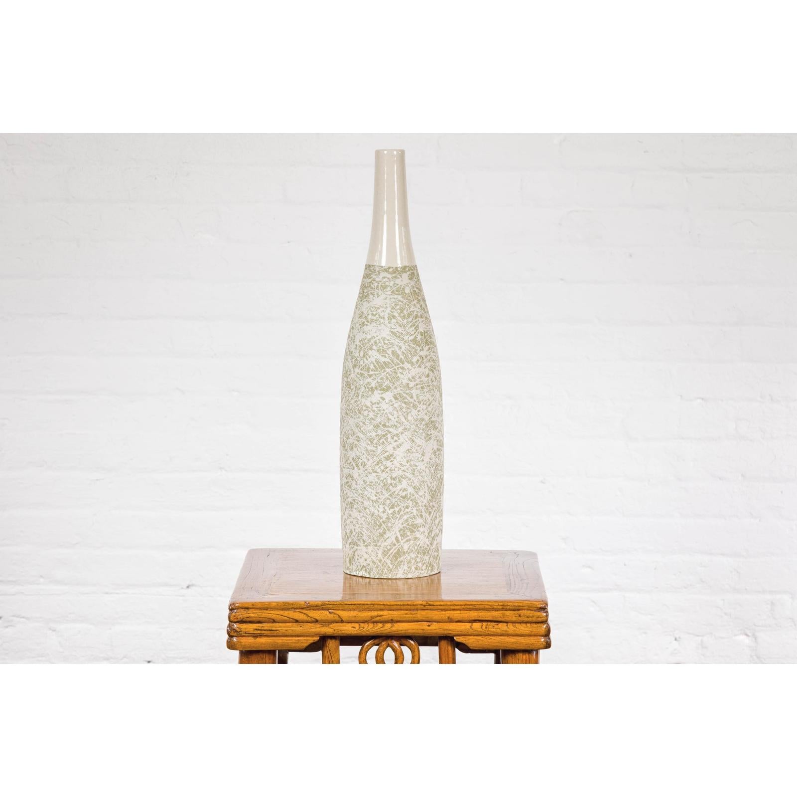 Soft Green and Cream Artisan Ceramic Vase with Energetic Dripping Décor
