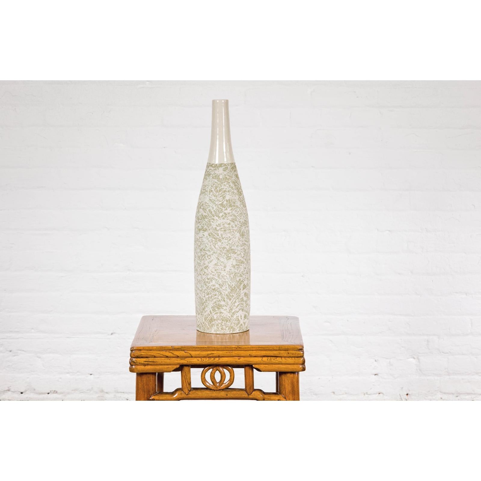 Soft Green and Cream Artisan Ceramic Vase with Energetic Dripping Décor