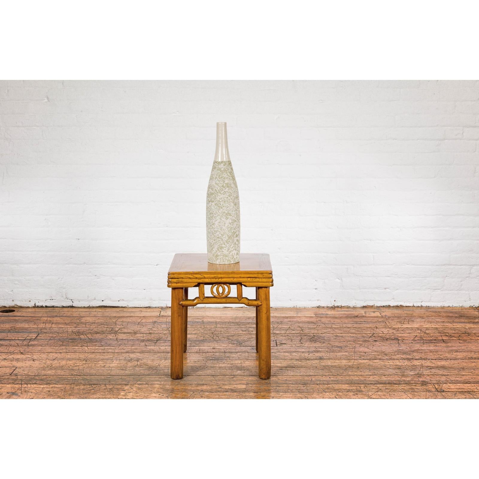 Soft Green and Cream Artisan Ceramic Vase with Energetic Dripping Décor