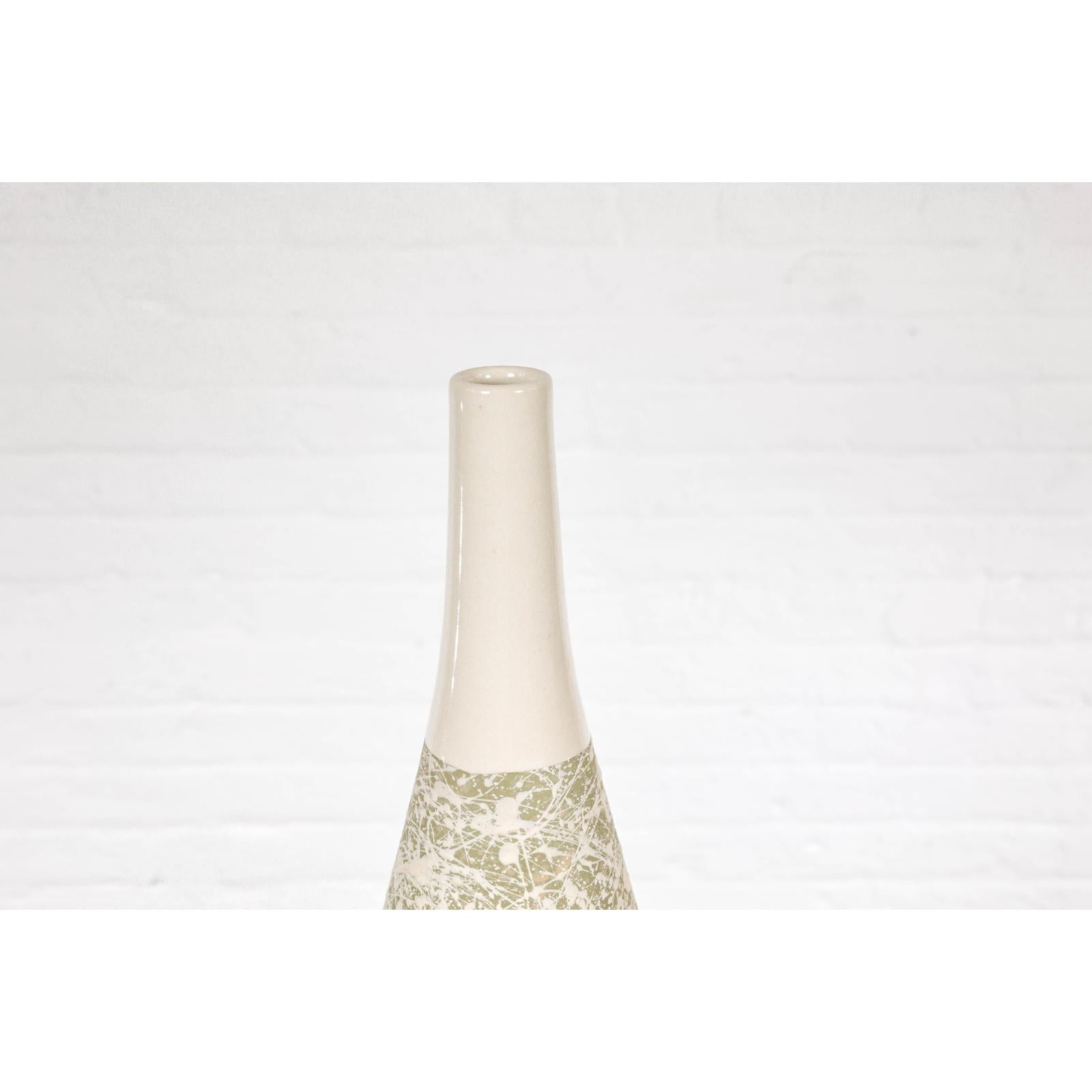 Soft Green and Cream Artisan Ceramic Vase with Energetic Dripping Décor