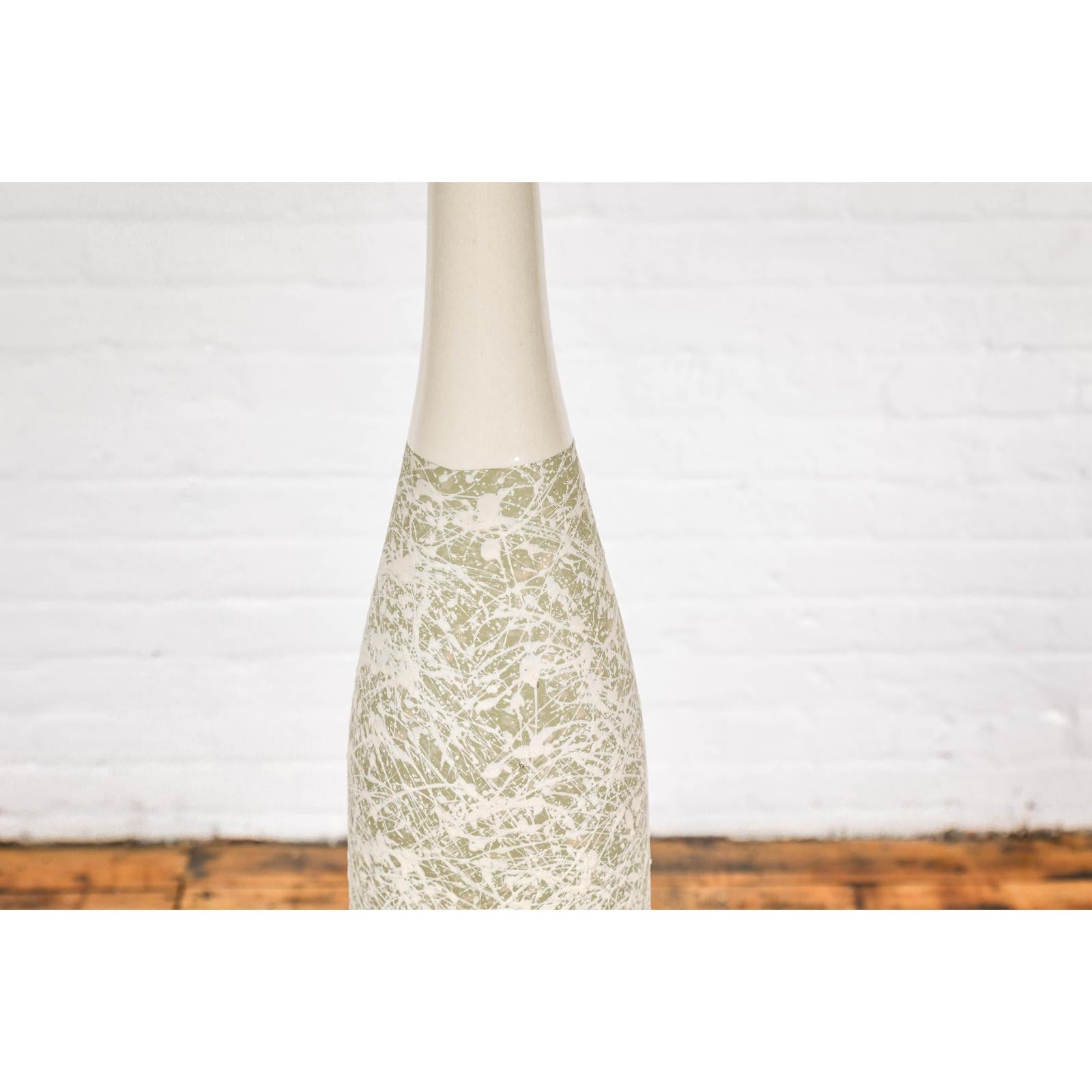 Soft Green and Cream Artisan Ceramic Vase with Energetic Dripping Décor