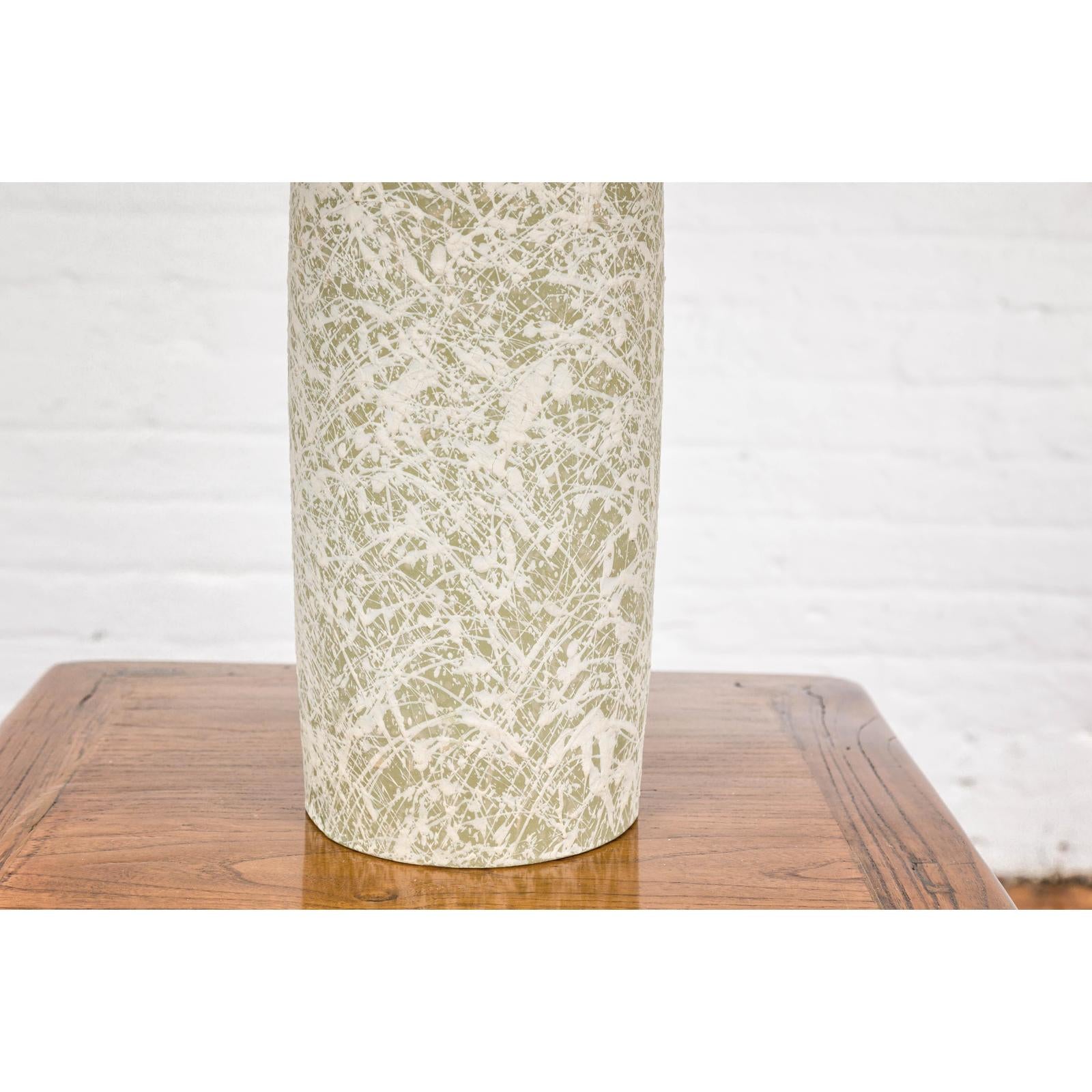 Soft Green and Cream Artisan Ceramic Vase with Energetic Dripping Décor