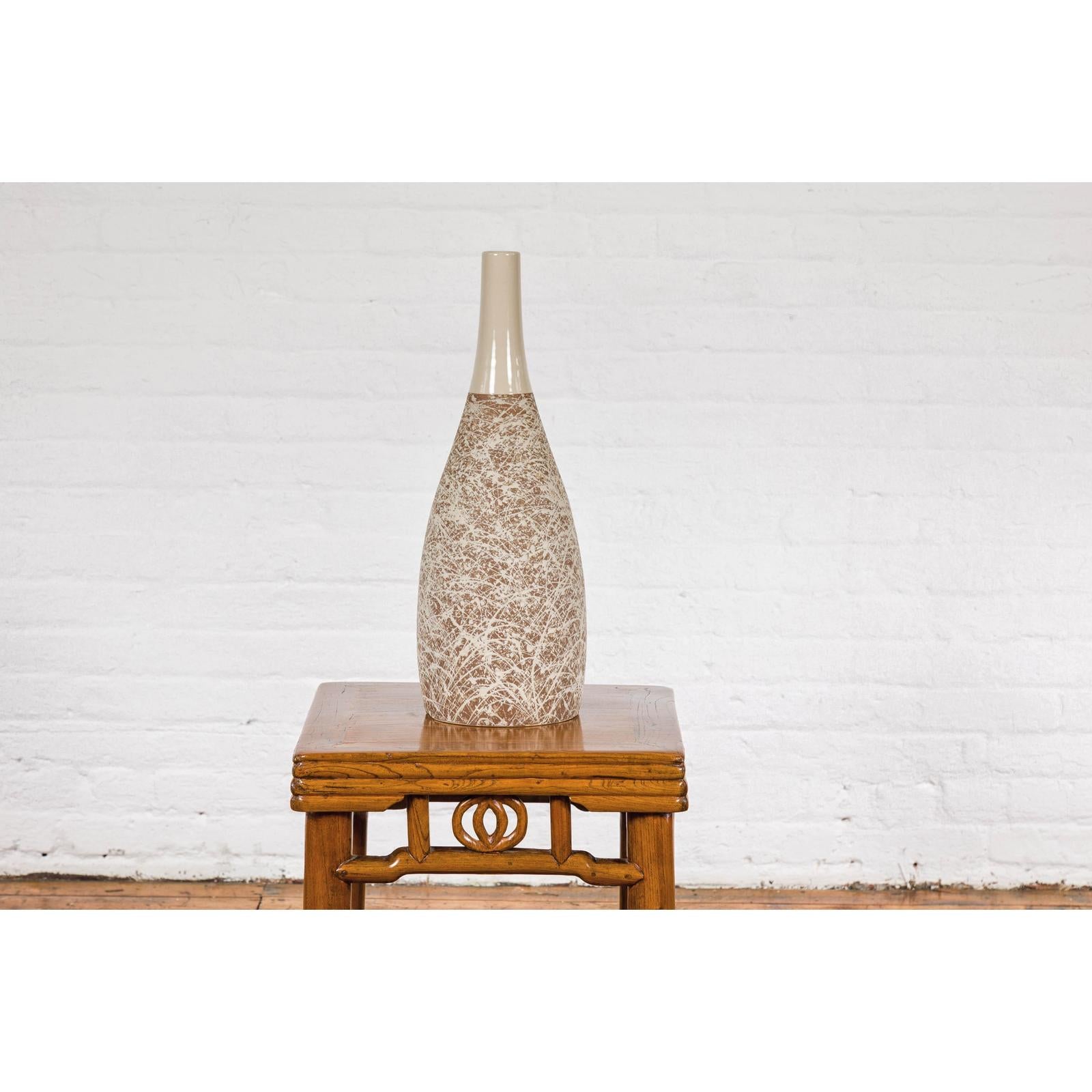 Hand-Crafted Artisan Bottle Shaped Brown and Cream Ceramic Vase with Dripping