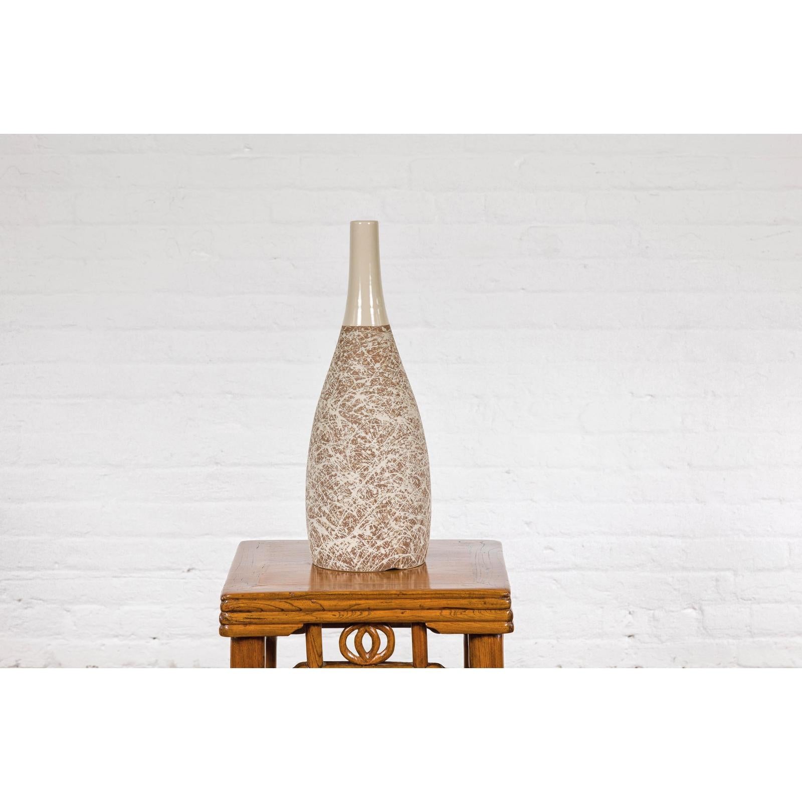 Hand-Crafted Artisan Bottle Shaped Brown and Cream Ceramic Vase with Dripping