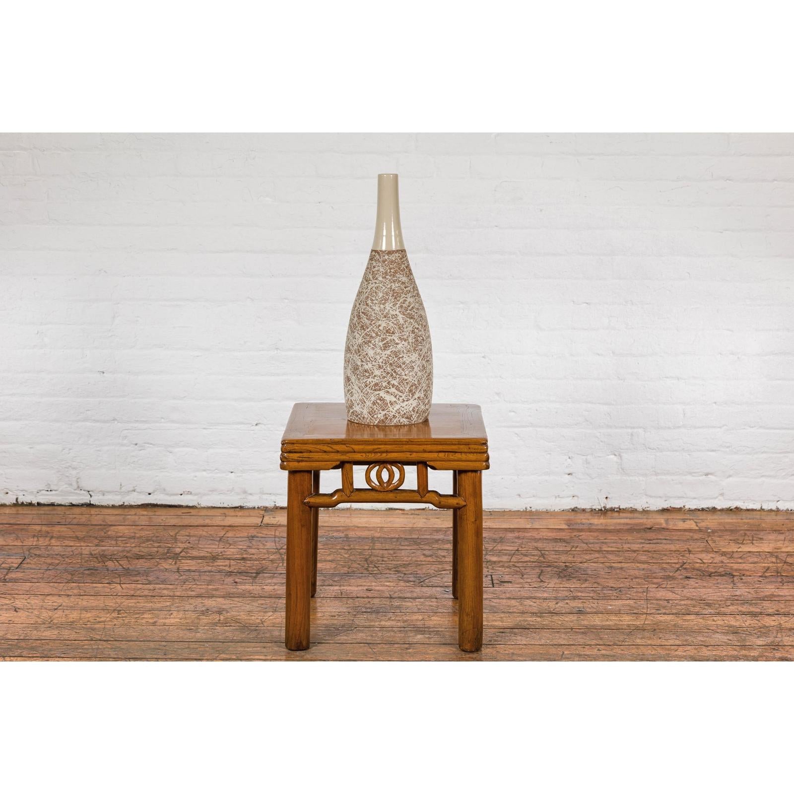 Hand-Crafted Artisan Bottle Shaped Brown and Cream Ceramic Vase with Dripping