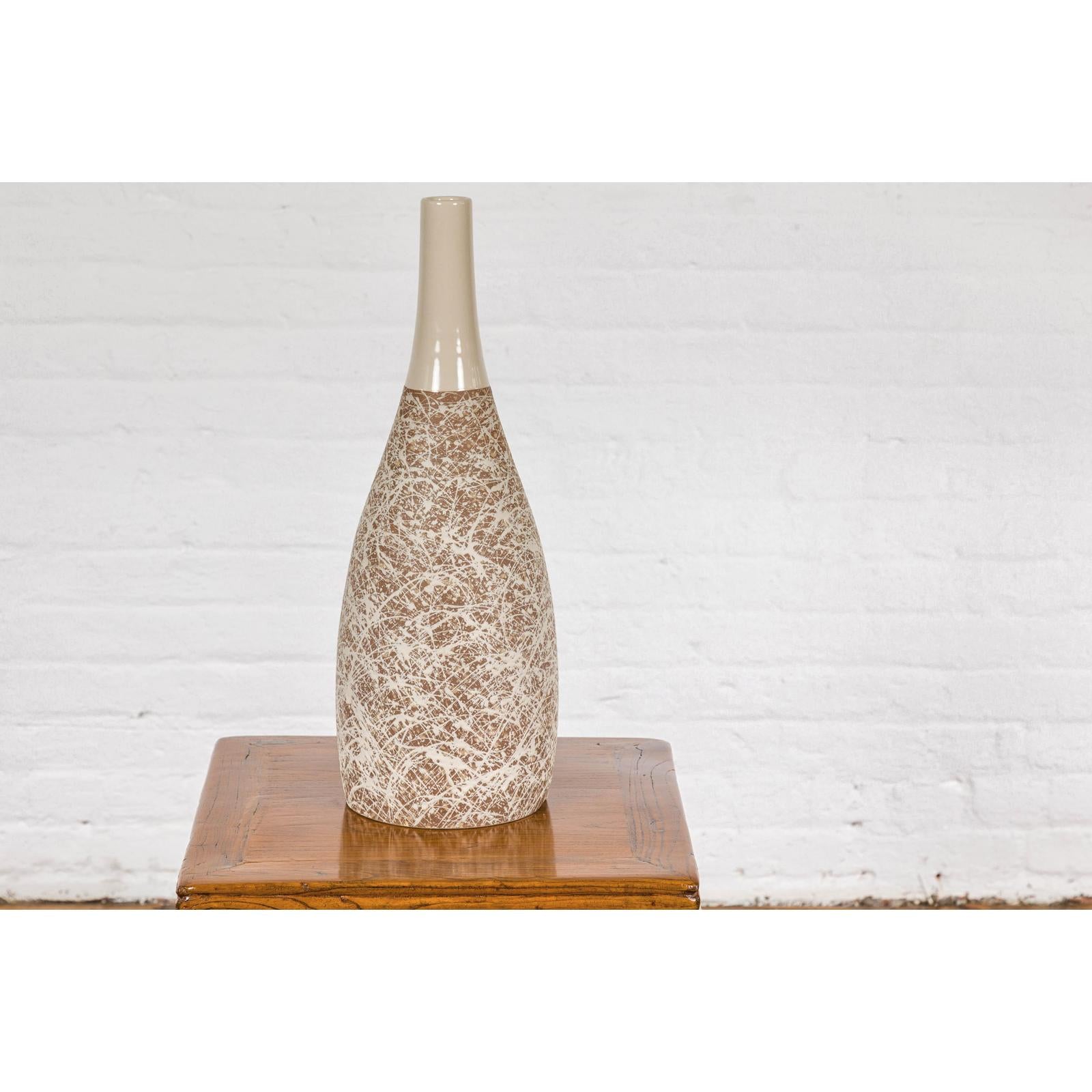 Hand-Crafted Artisan Bottle Shaped Brown and Cream Ceramic Vase with Dripping