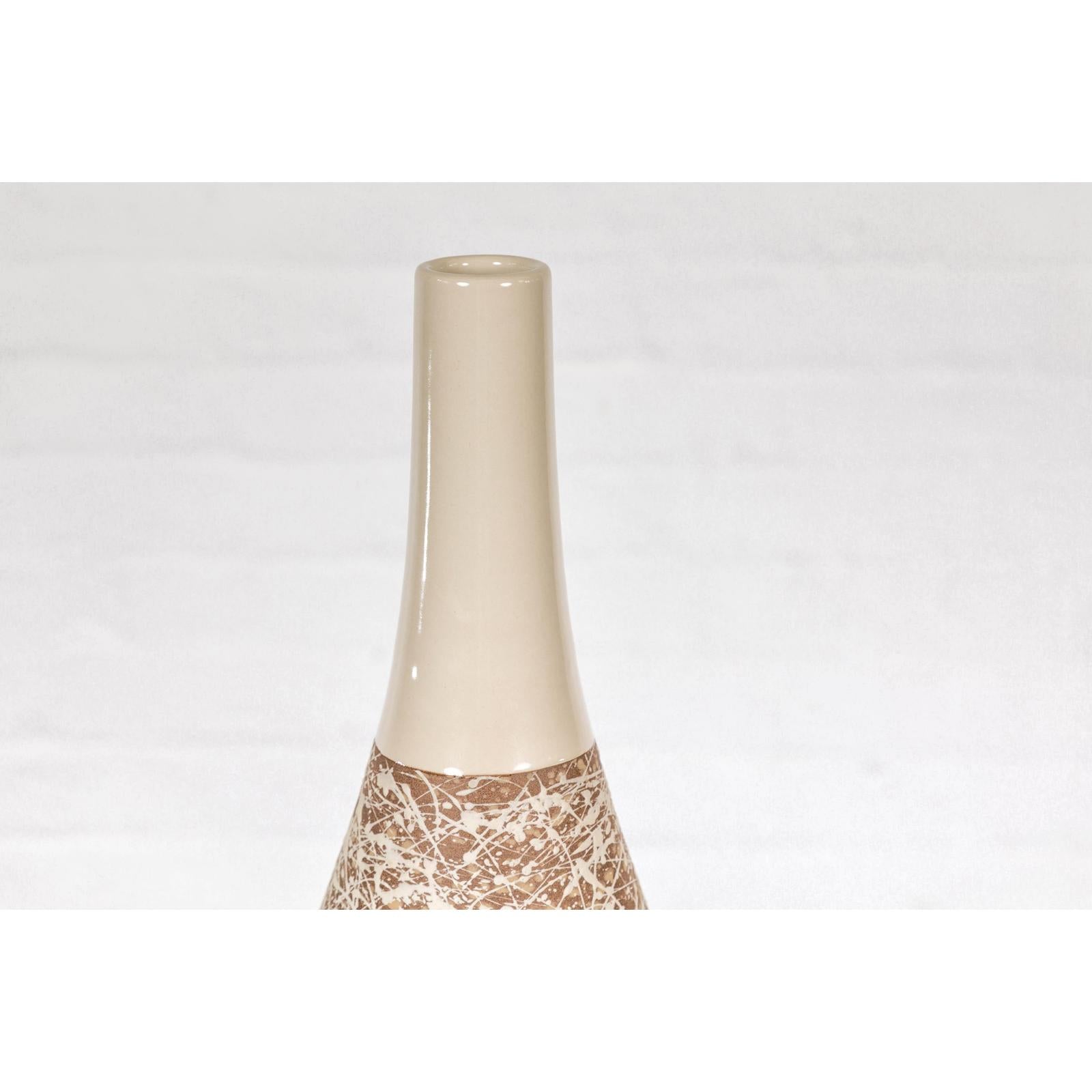 Hand-Crafted Artisan Bottle Shaped Brown and Cream Ceramic Vase with Dripping