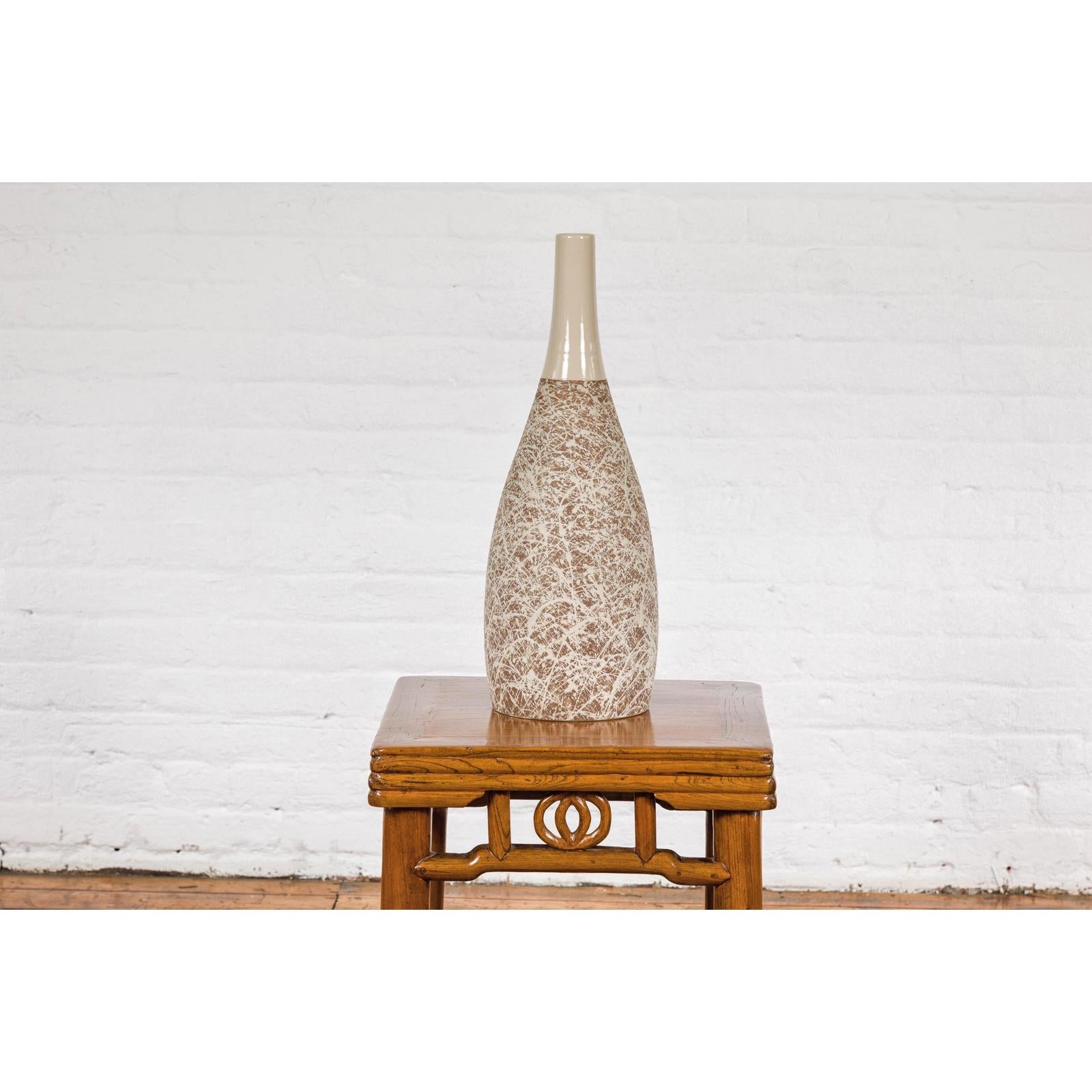 Hand-Crafted Artisan Bottle Shaped Brown and Cream Ceramic Vase with Dripping