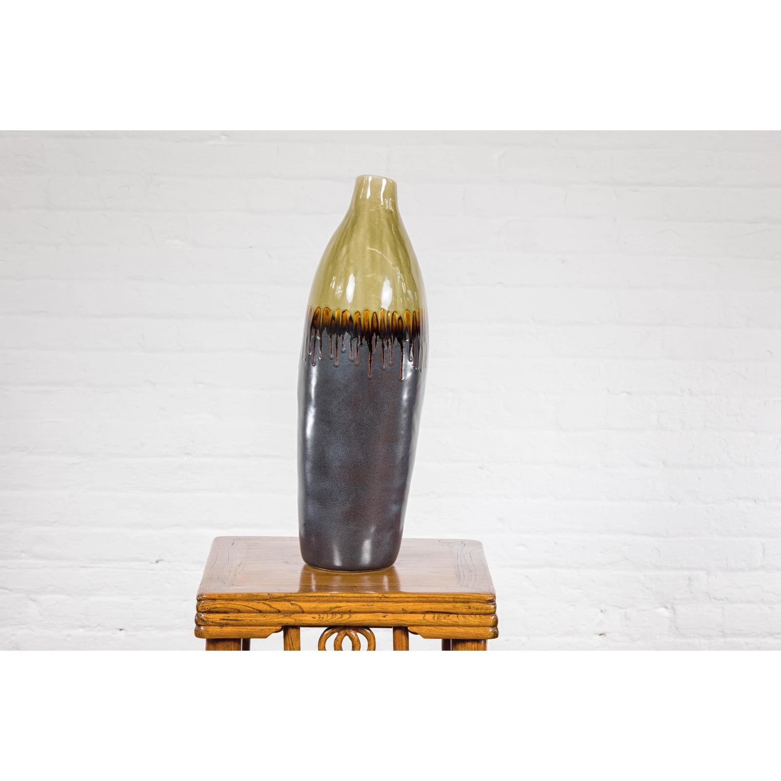 Handmade Artisan Ceramic Vase with Olive Green, Dark Grey and Brown Dripping