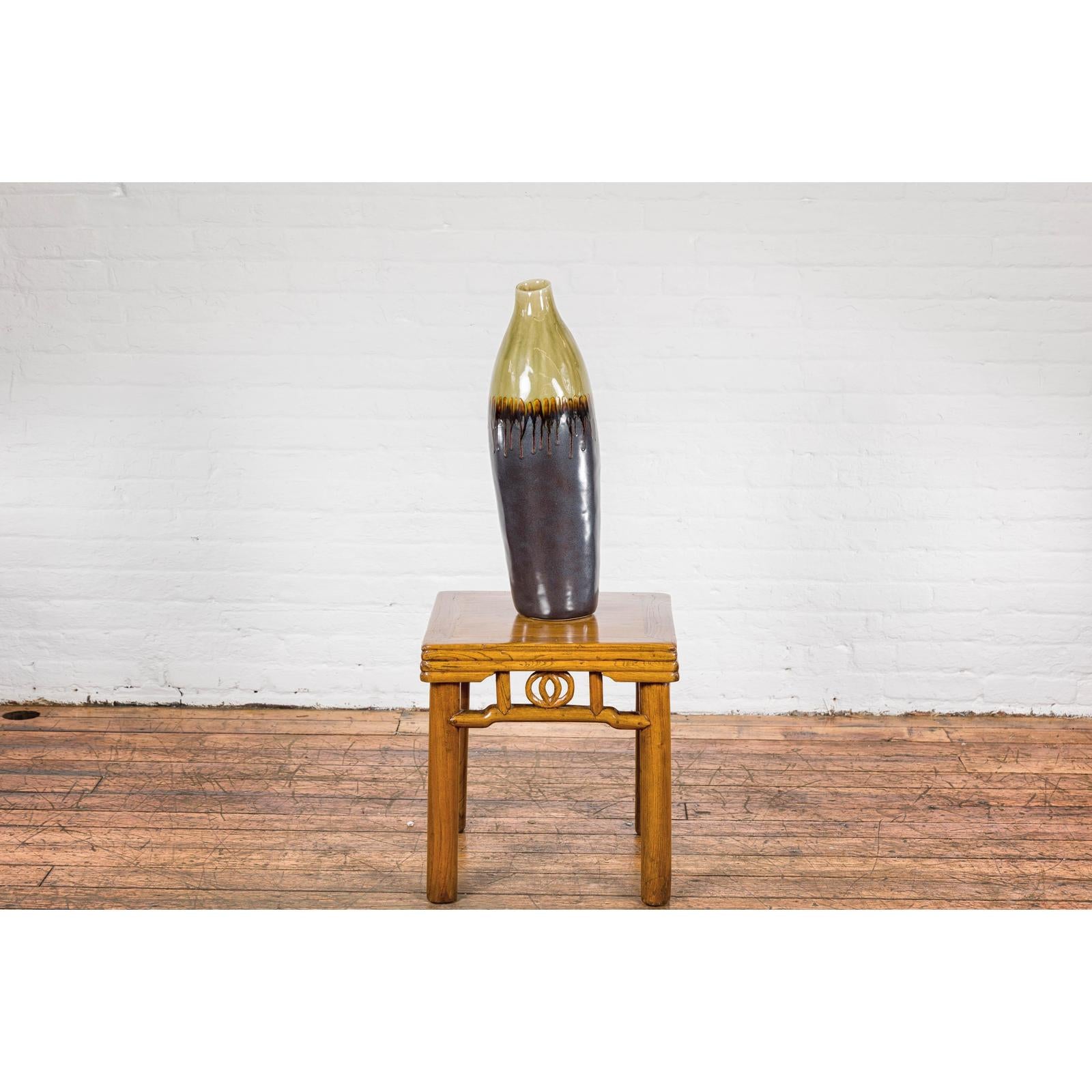 Handmade Artisan Ceramic Vase with Olive Green, Dark Grey and Brown Dripping