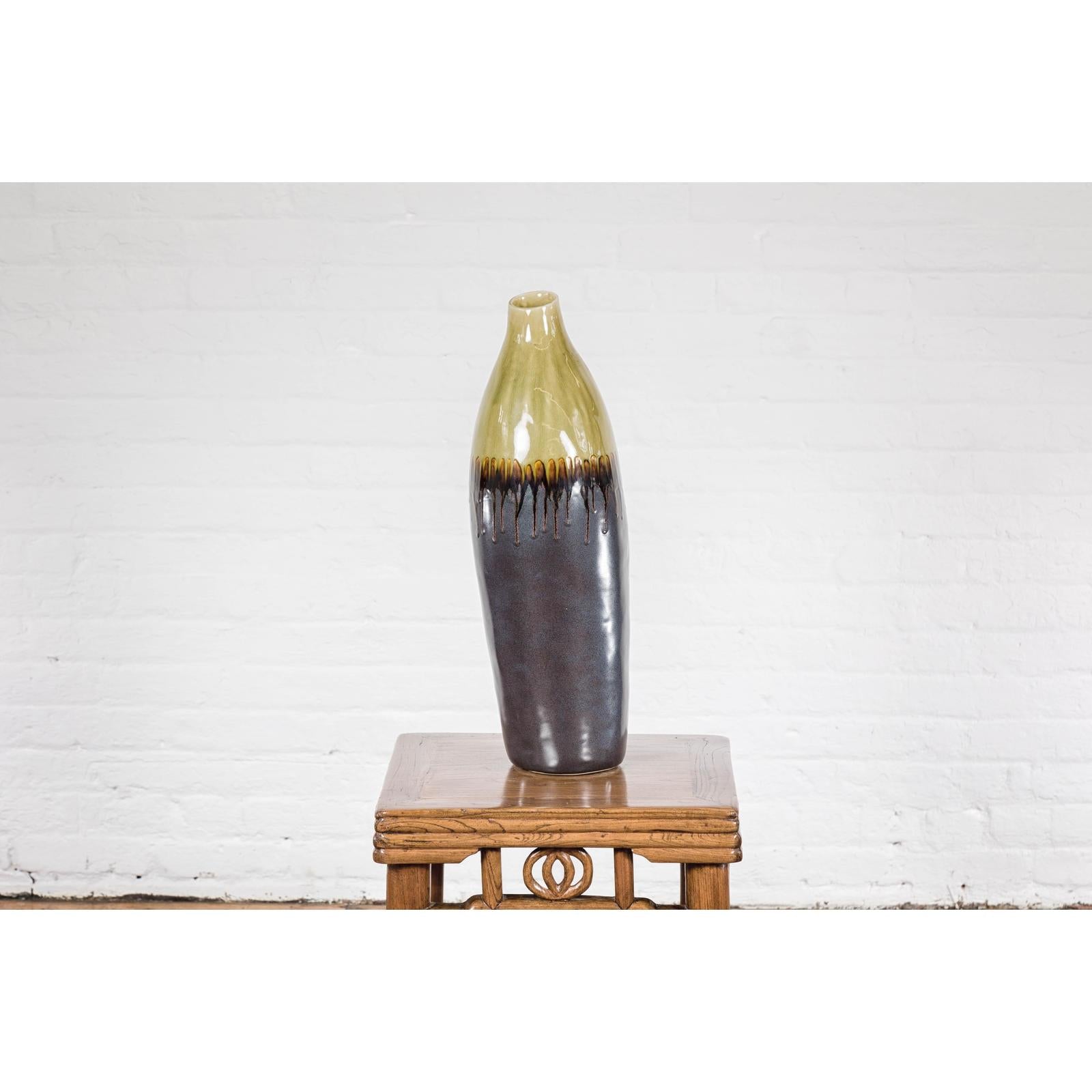Handmade Artisan Ceramic Vase with Olive Green, Dark Grey and Brown Dripping