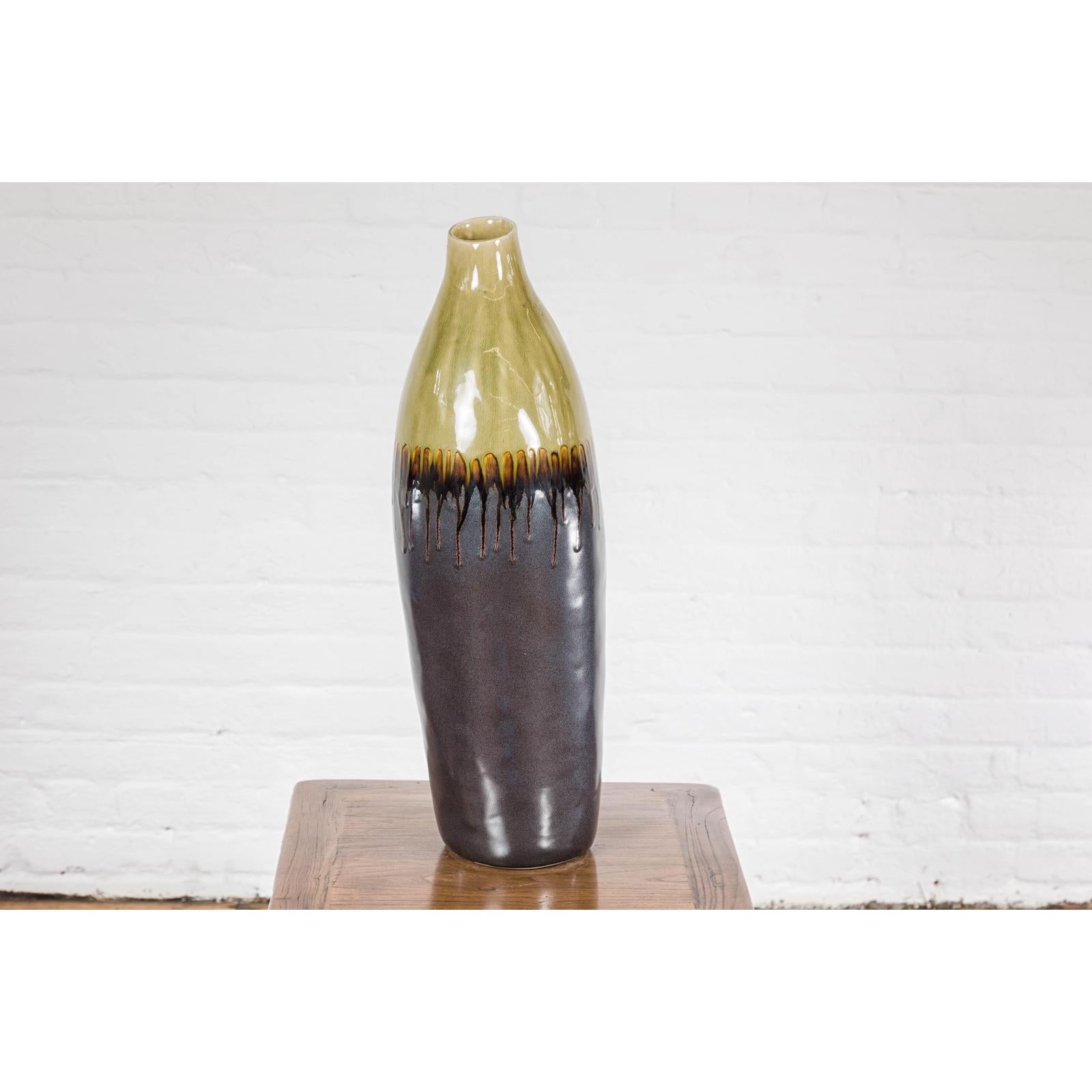Handmade Artisan Ceramic Vase with Olive Green, Dark Grey and Brown Dripping