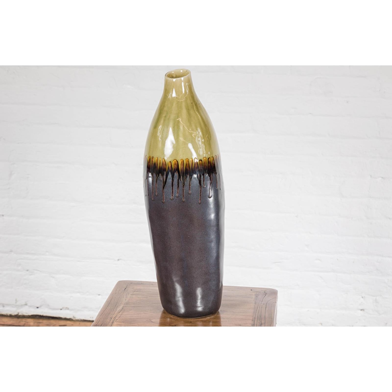 Handmade Artisan Ceramic Vase with Olive Green, Dark Grey and Brown Dripping