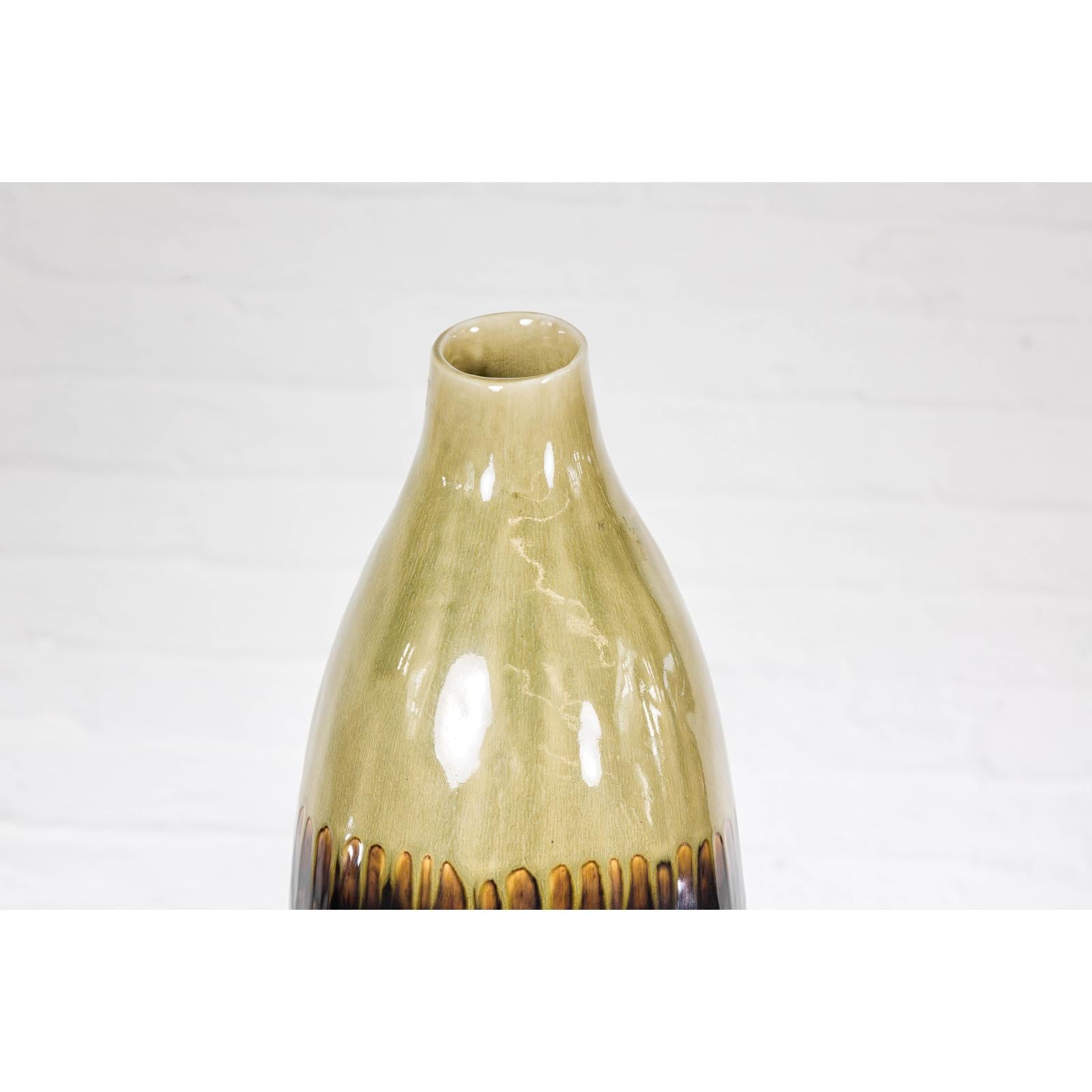 Handmade Artisan Ceramic Vase with Olive Green, Dark Grey and Brown Dripping