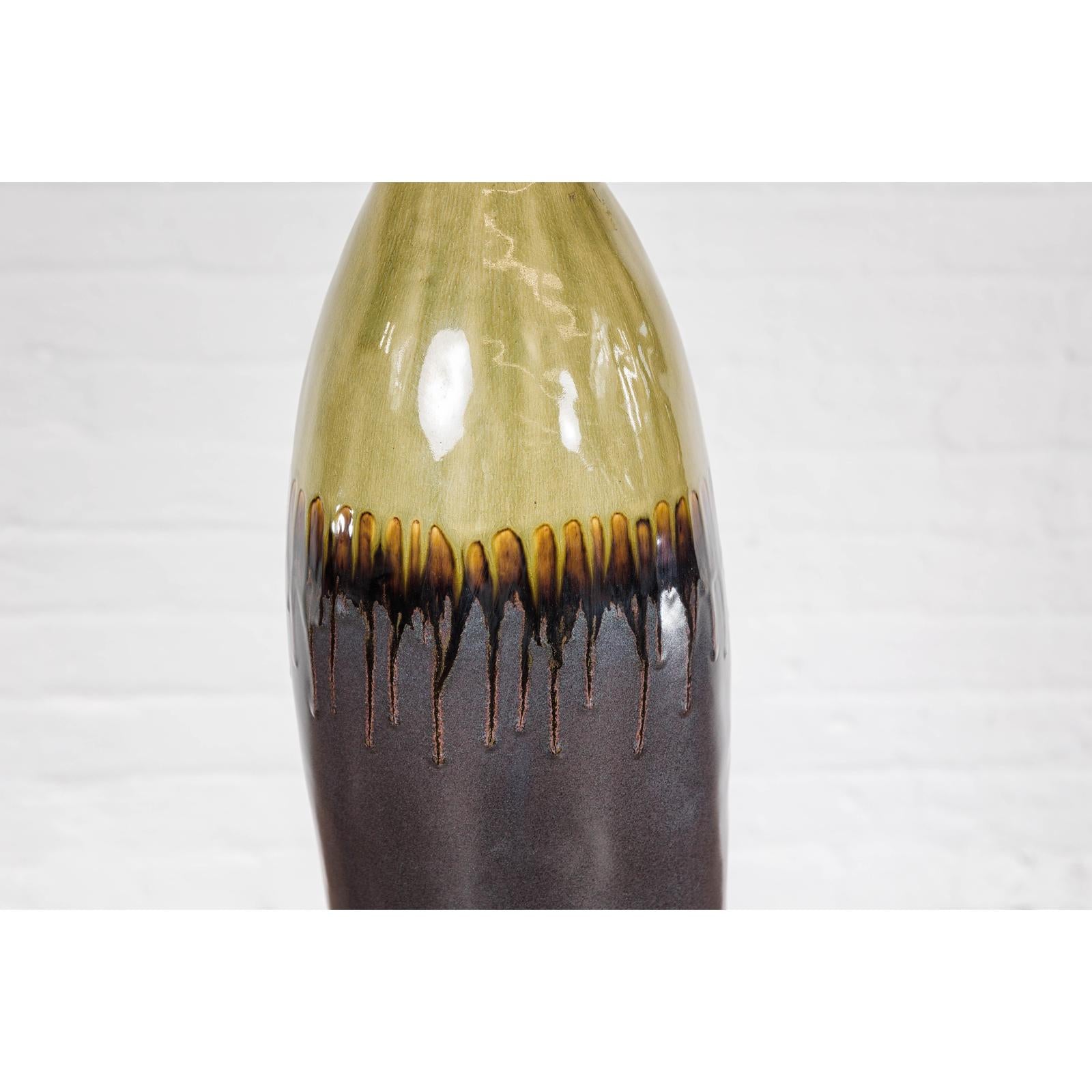 Handmade Artisan Ceramic Vase with Olive Green, Dark Grey and Brown Dripping