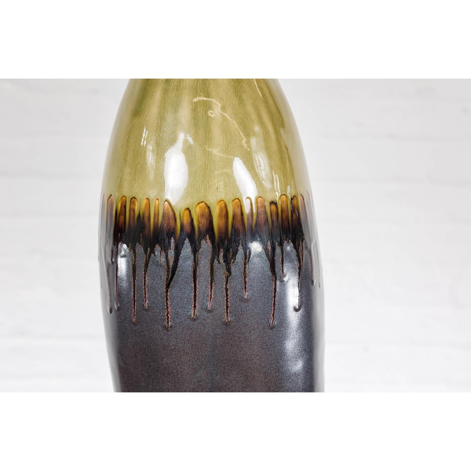 Handmade Artisan Ceramic Vase with Olive Green, Dark Grey and Brown Dripping
