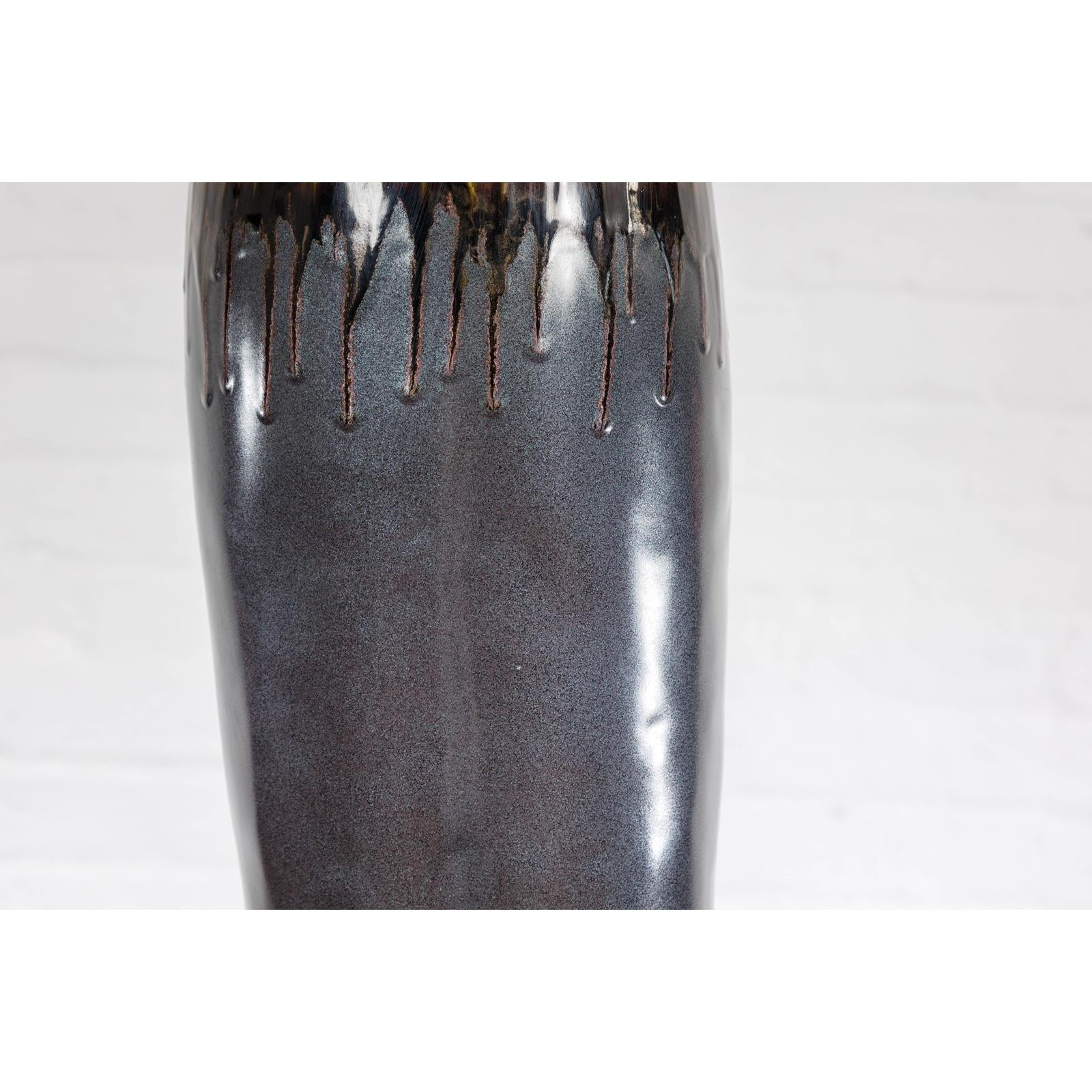 Handmade Artisan Ceramic Vase with Olive Green, Dark Grey and Brown Dripping
