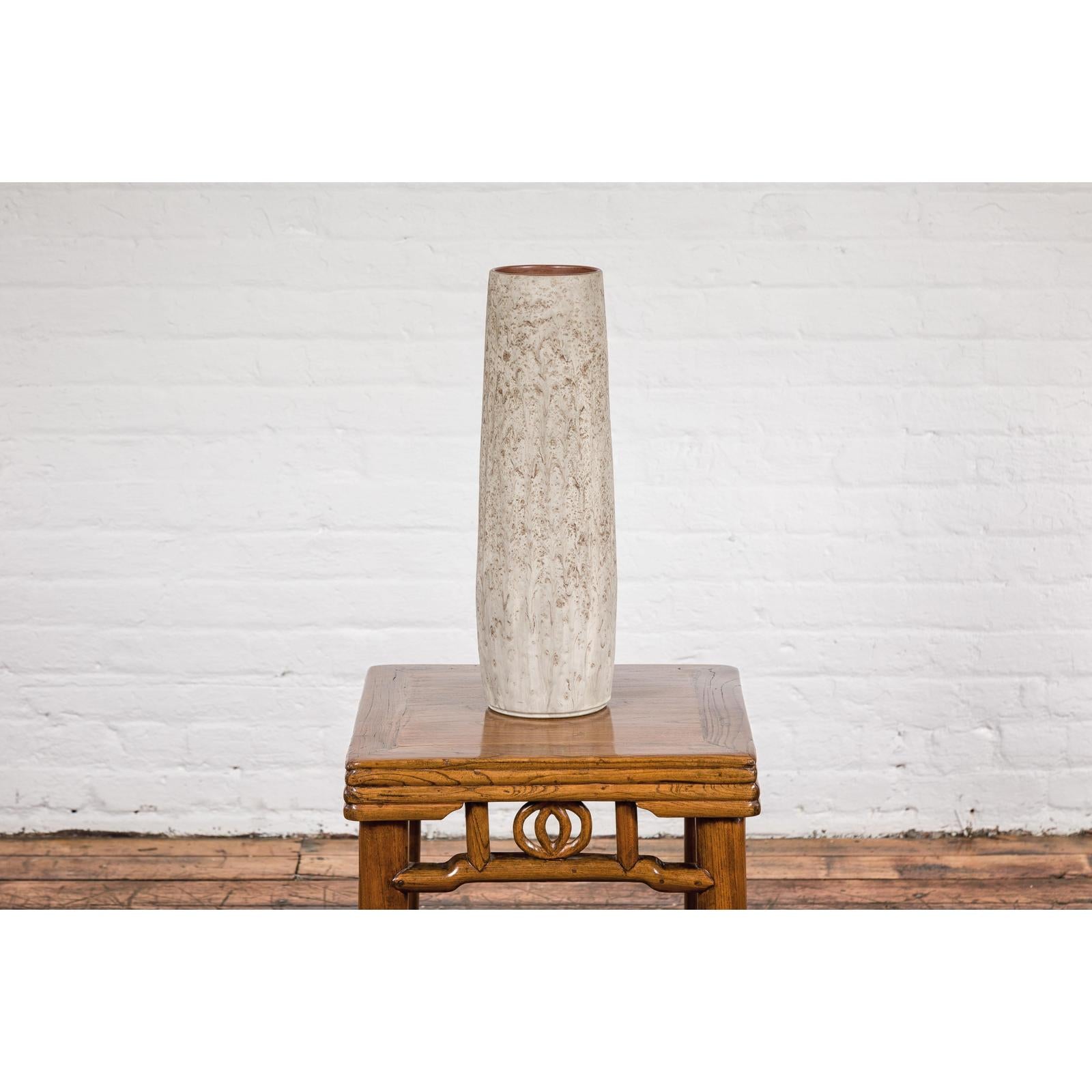 Cream & Speckled Brown Ceramic Vase with Brown Inside